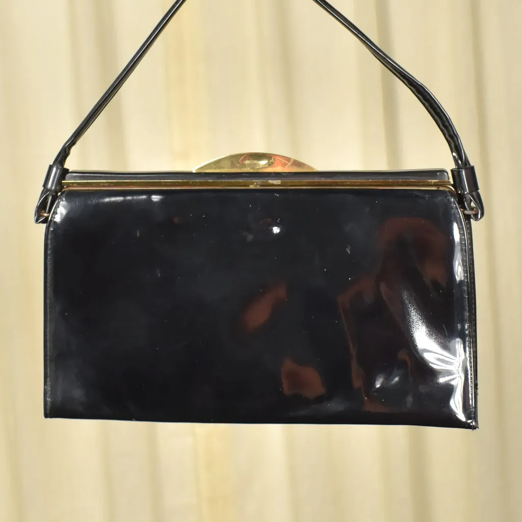 1950s Black Patent Gold Handbag