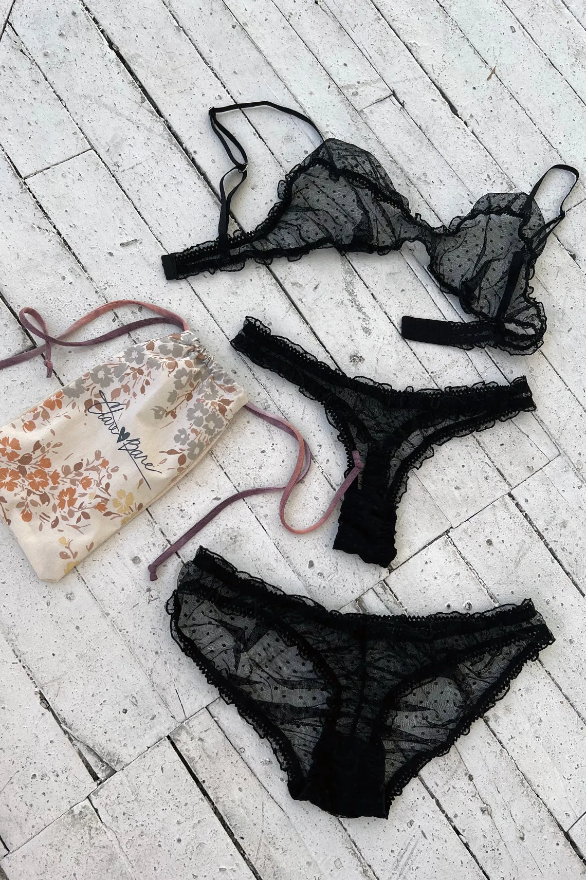 3 PIECE GIFT SET | Oleander Bralette   Bloomer   Thong in Sheer Dotted Mesh