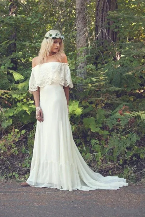 A-line Bohemian Lace Chiffon Off-the-Shoulder Ivory Beach Wedding Dress, WD23022311