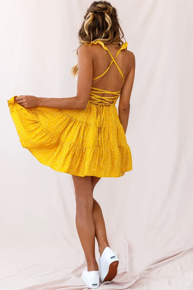 Allegra Fluted Hem Lace-Up Back Dress Yellow