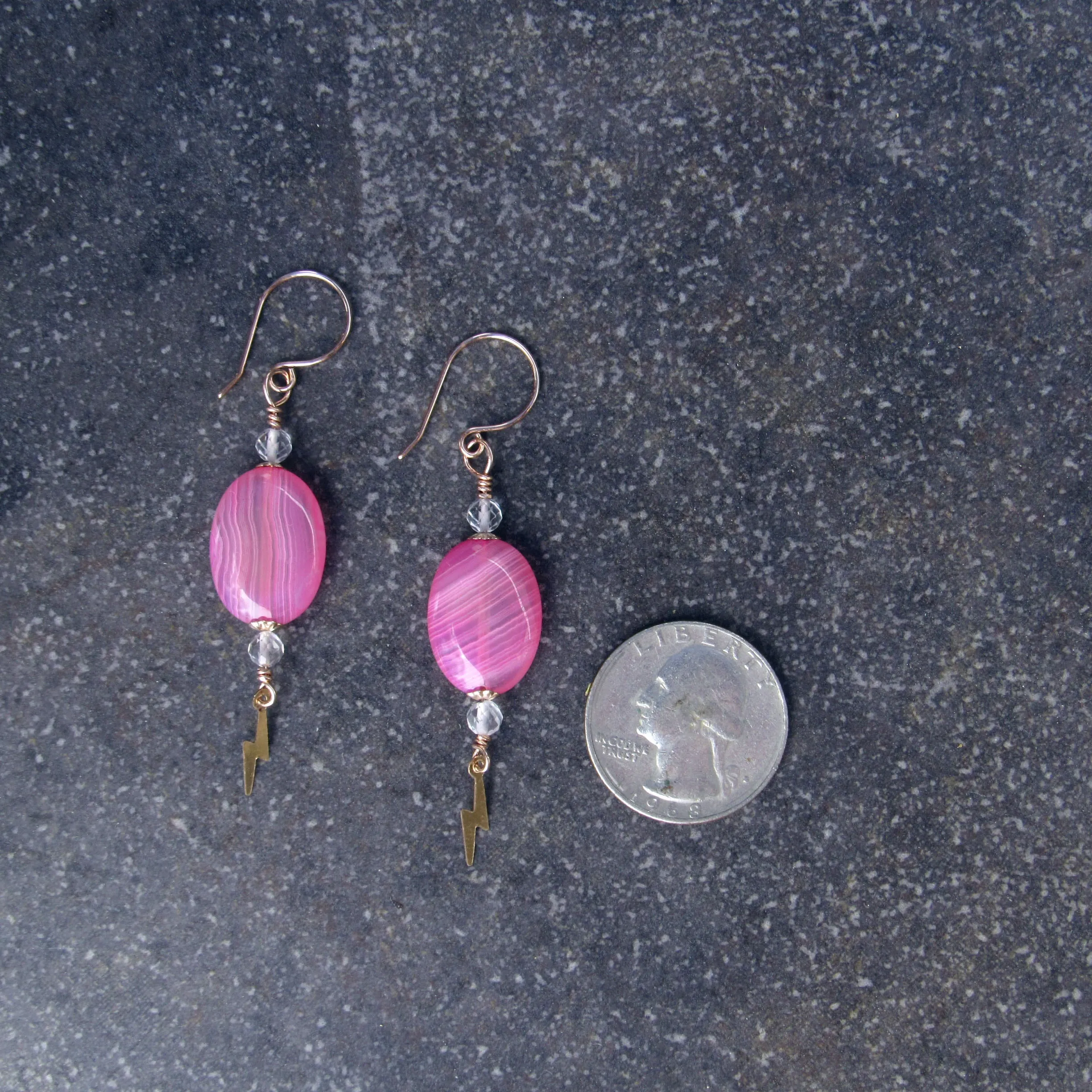 Banded pink Agate Gemstone, White Topaz, w/ 14 kt Rose gold fill