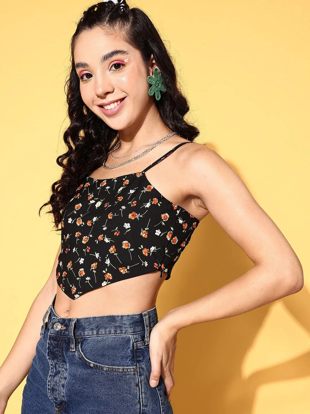 Berrylush Women Black & Orange Floral Printed Square Neck Crepe Crop Top