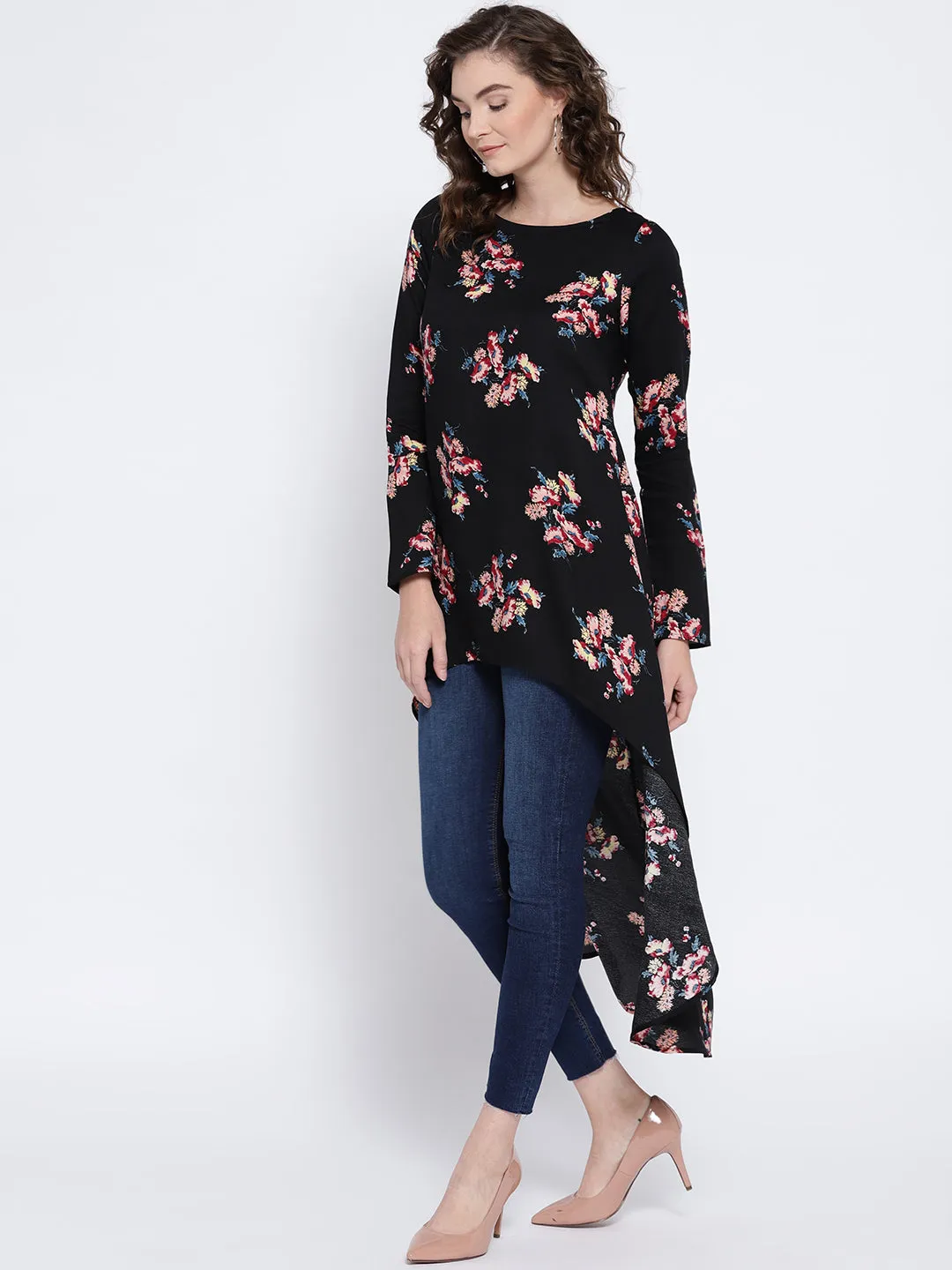 Berrylush Women Black & Pink Floral Printed Boat Neck Longline High-Low Top