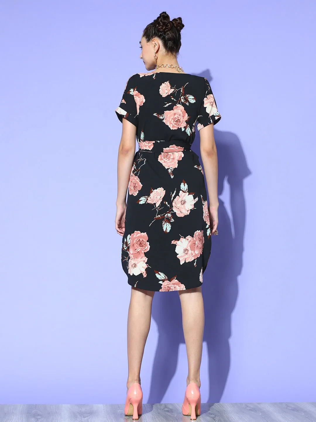 Berrylush Women Black & Pink Floral Printed Shirt Collar Neck Waist Tie-Up Crepe Side-Slited A-Line Midi Dress