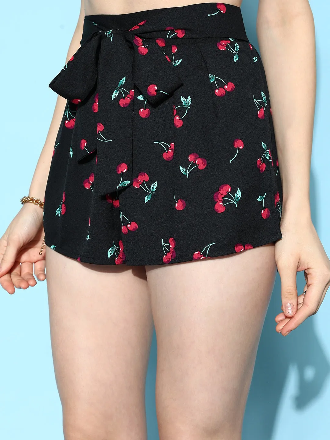 Berrylush Women Black & Red Cherry Printed Square Neck Crop Top & Tie-Up Front Shorts With Shrug