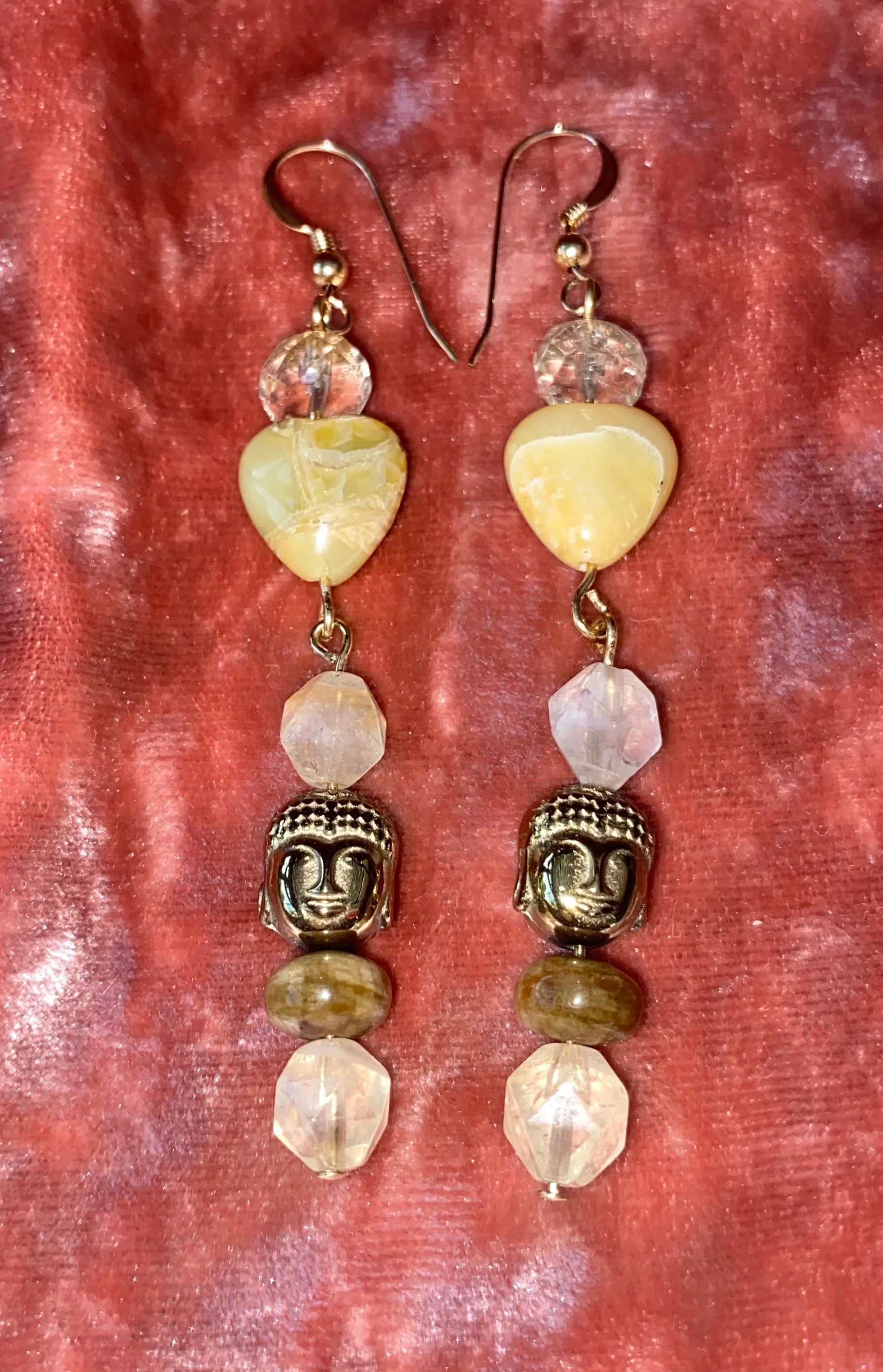 Buddha hematite, citrine, yellow agate heart, gold filled drop earrings