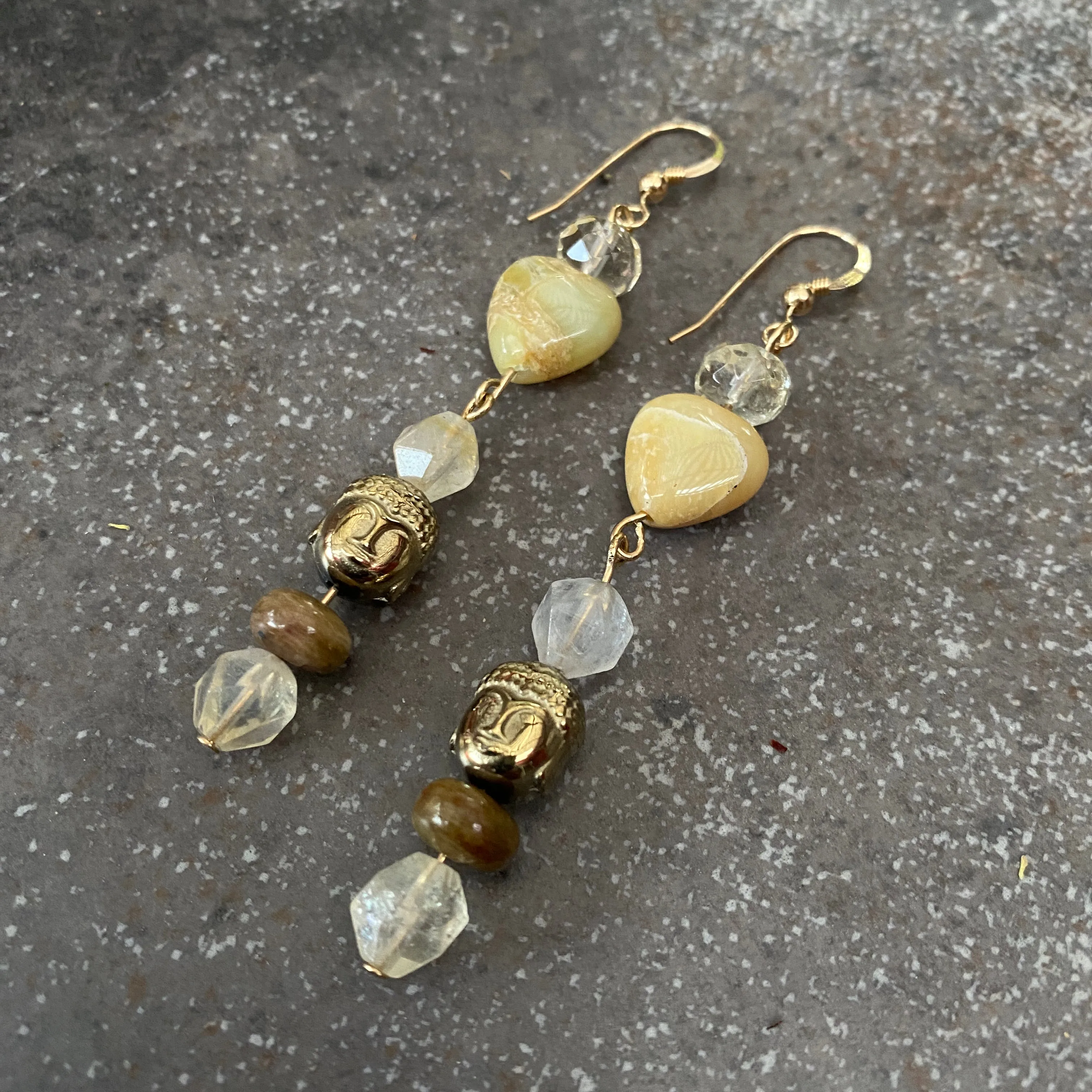 Buddha hematite, citrine, yellow agate heart, gold filled drop earrings