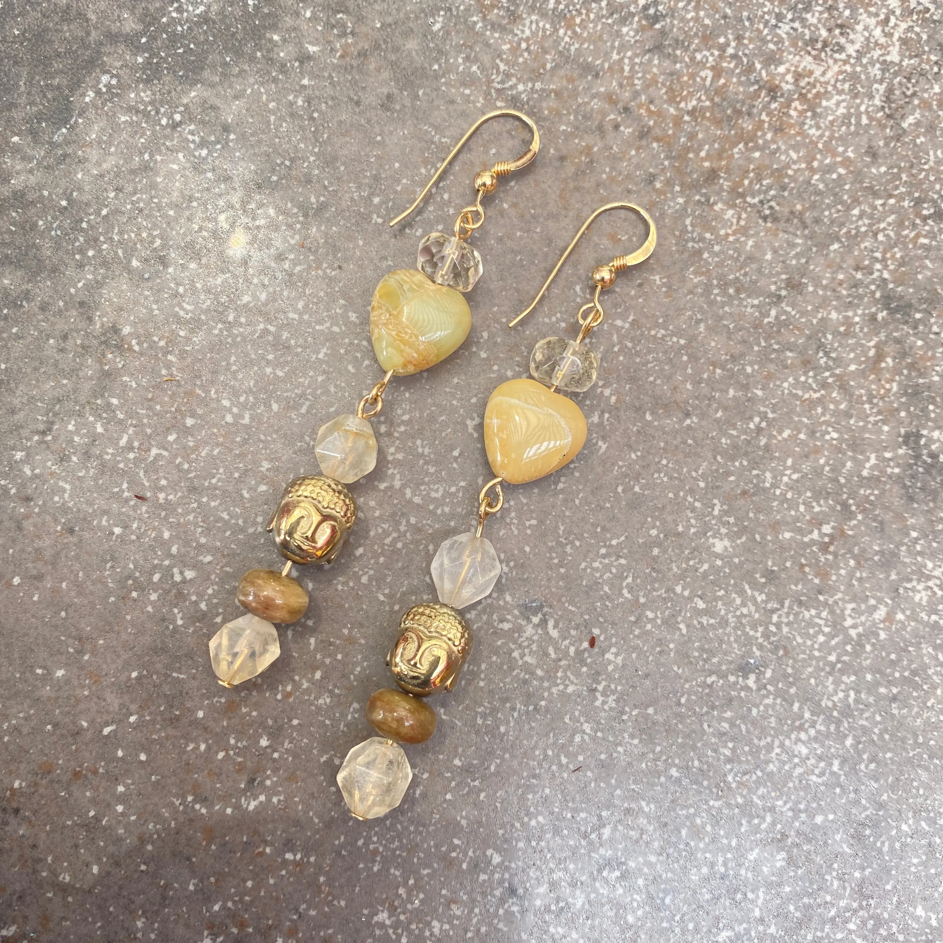 Buddha hematite, citrine, yellow agate heart, gold filled drop earrings