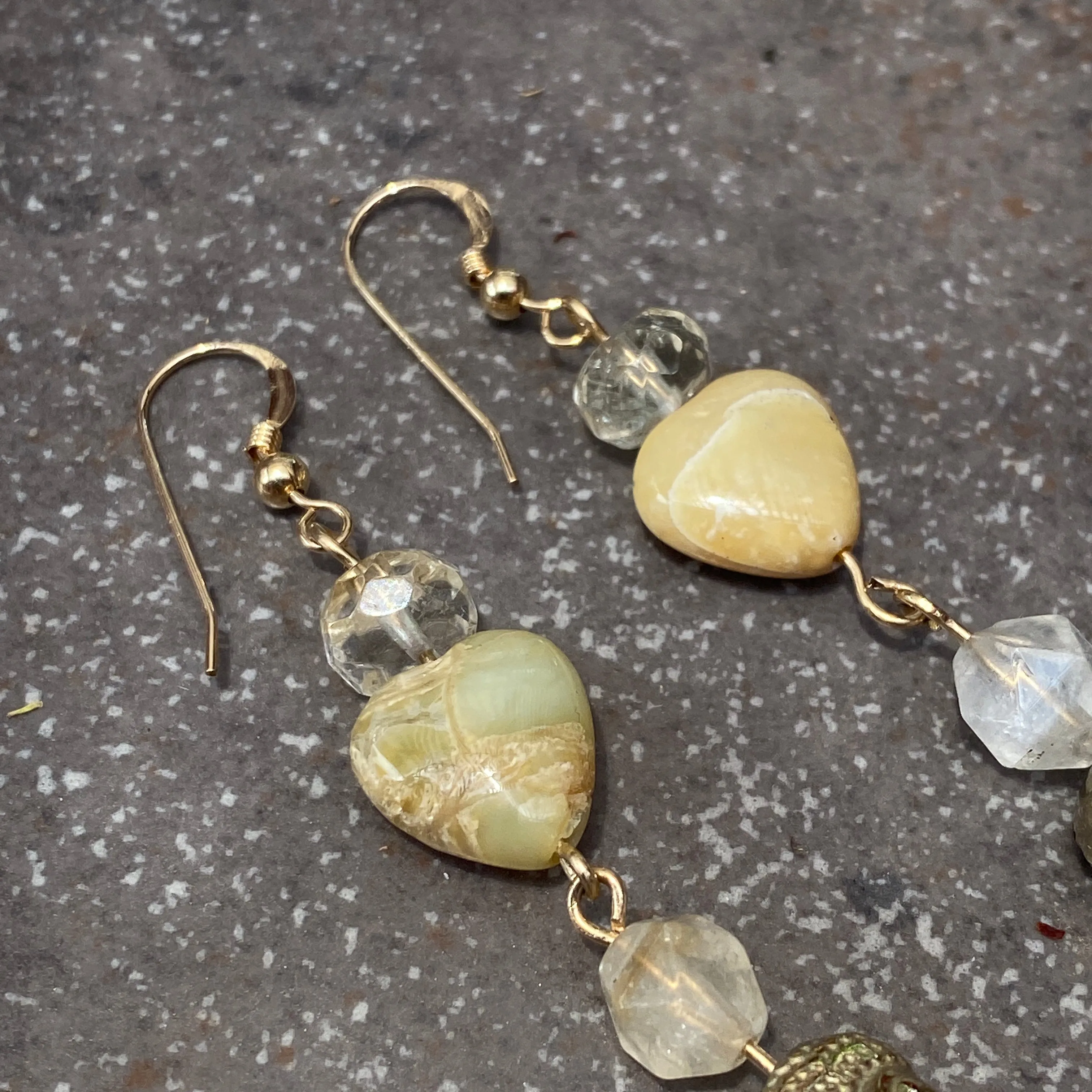 Buddha hematite, citrine, yellow agate heart, gold filled drop earrings