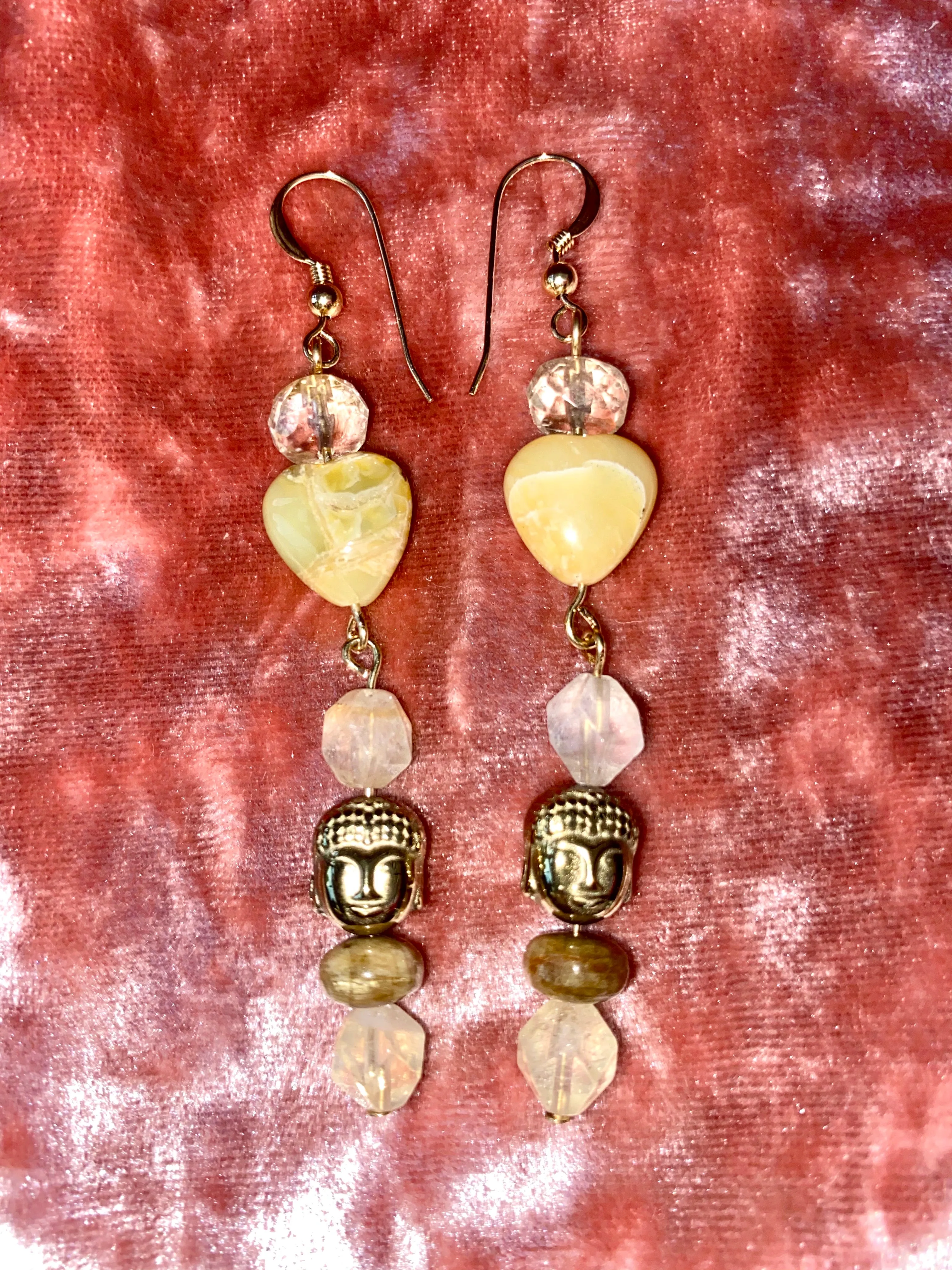 Buddha hematite, citrine, yellow agate heart, gold filled drop earrings