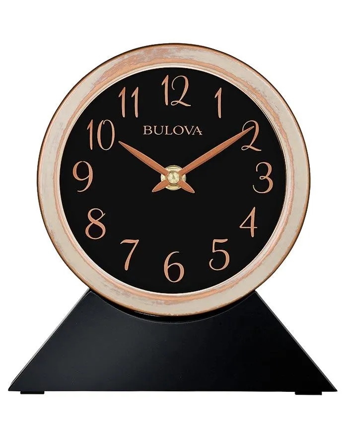 Bulova Port Jeff Wall or Table Clock - Black Dial - Aged Copper Case - Wood Base