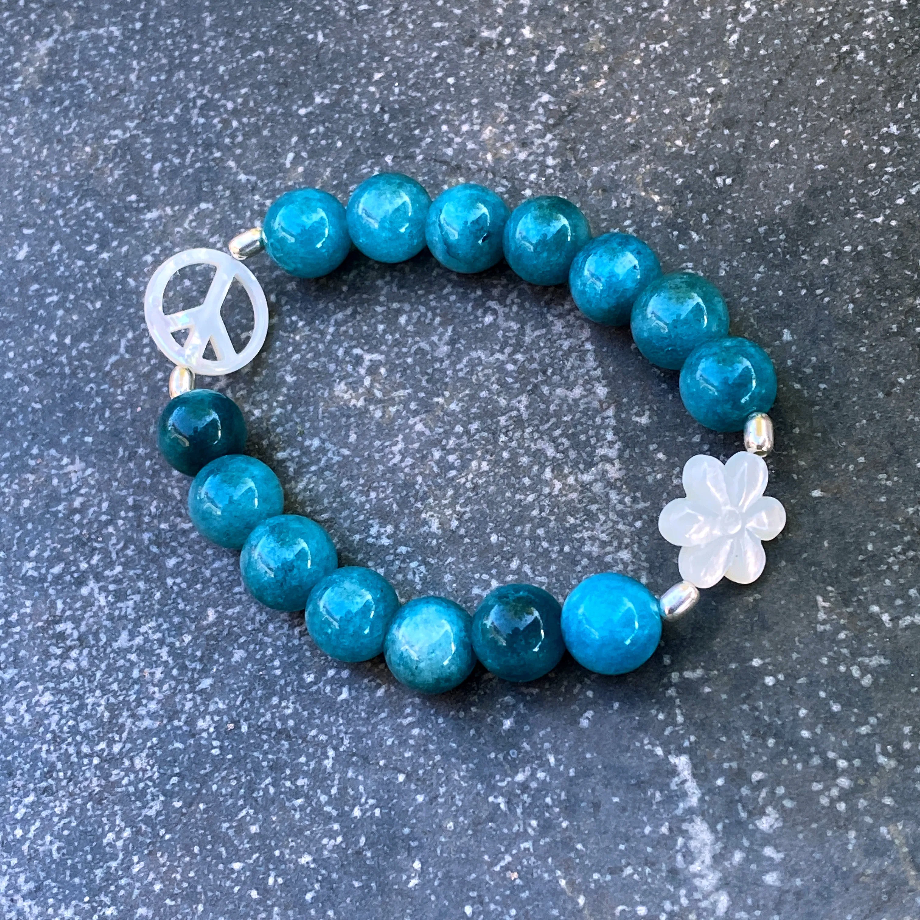 Chunky blue Apatite gemstone, Mother of Pearl, & Sterling Silver Peace Sign Bracelet