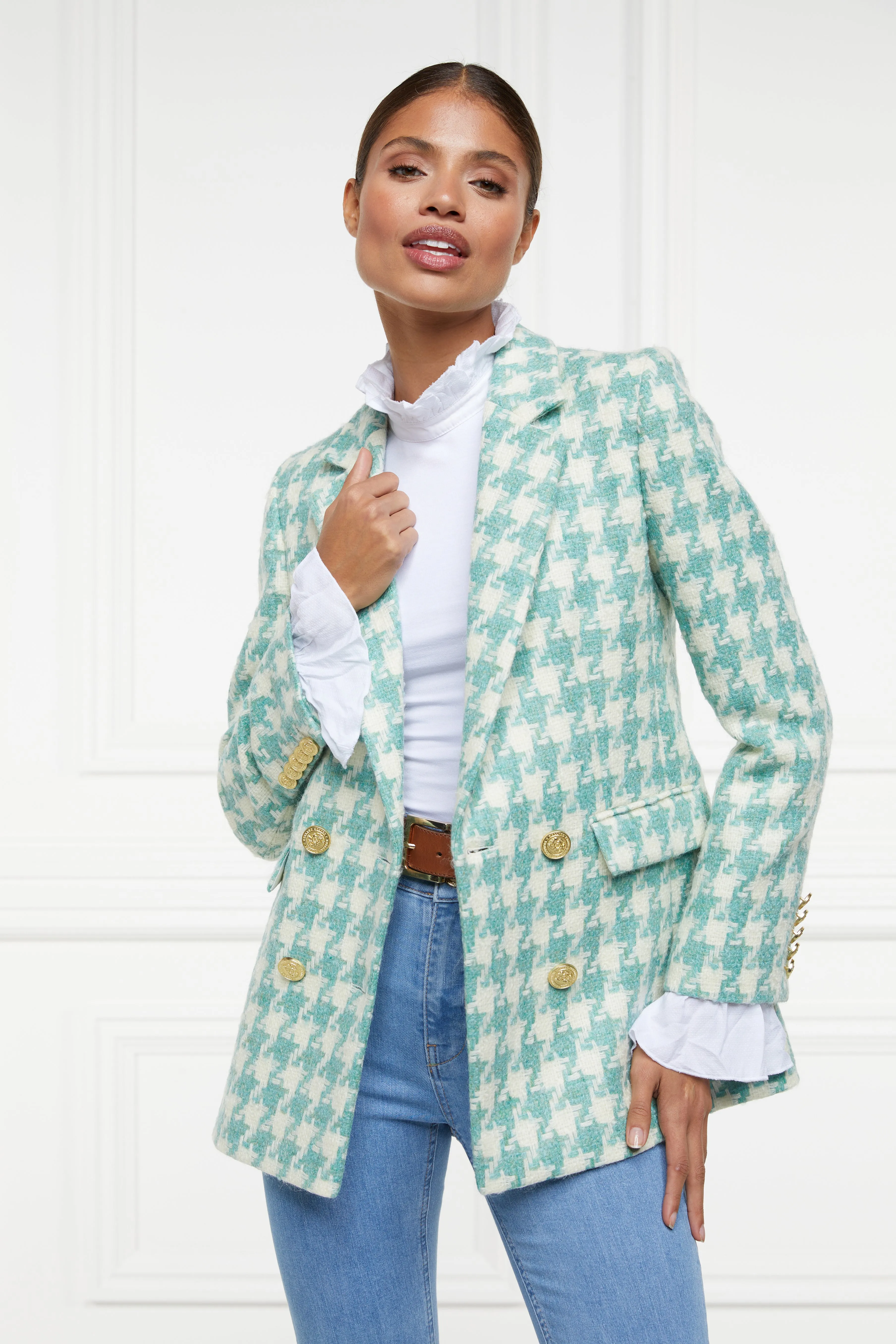 Double Breasted Blazer (Large Scale Teal Houndstooth)