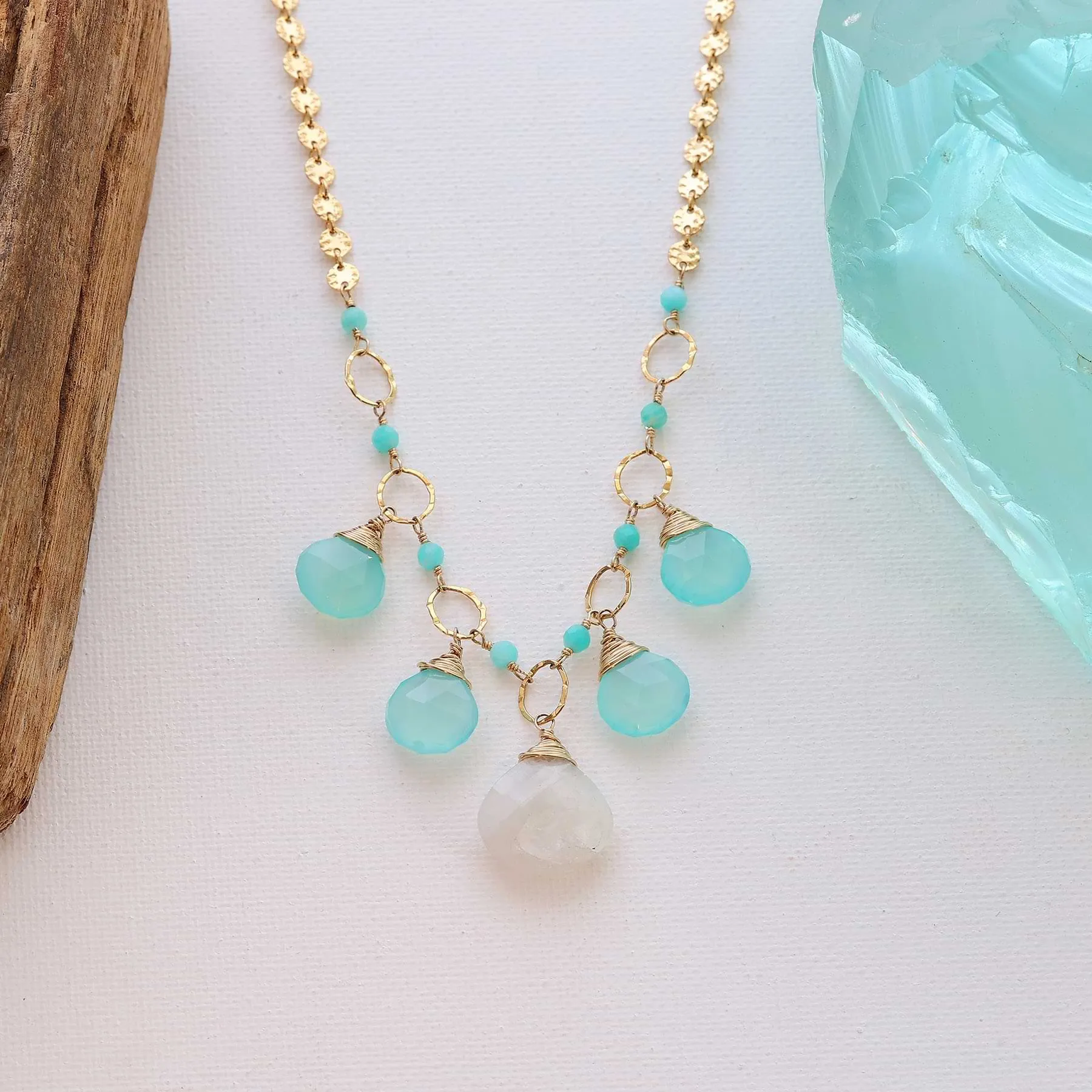 Driftwood - Aqua Chalcedony and Moonstone Gold Statement Necklace