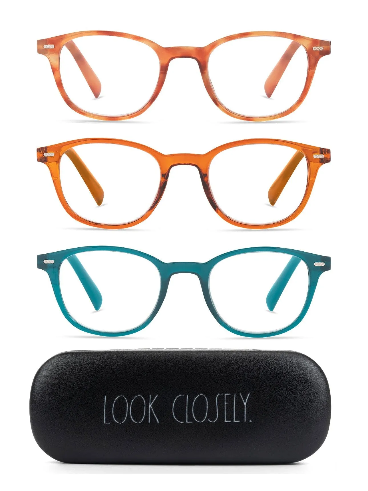 ELIZA 3-Pack Premium Reading Glasses with "LOOK CLOSELY" Signature Font Hard Case