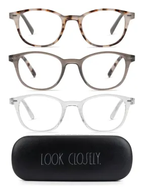 ELIZA 3-Pack Premium Reading Glasses with "LOOK CLOSELY" Signature Font Hard Case