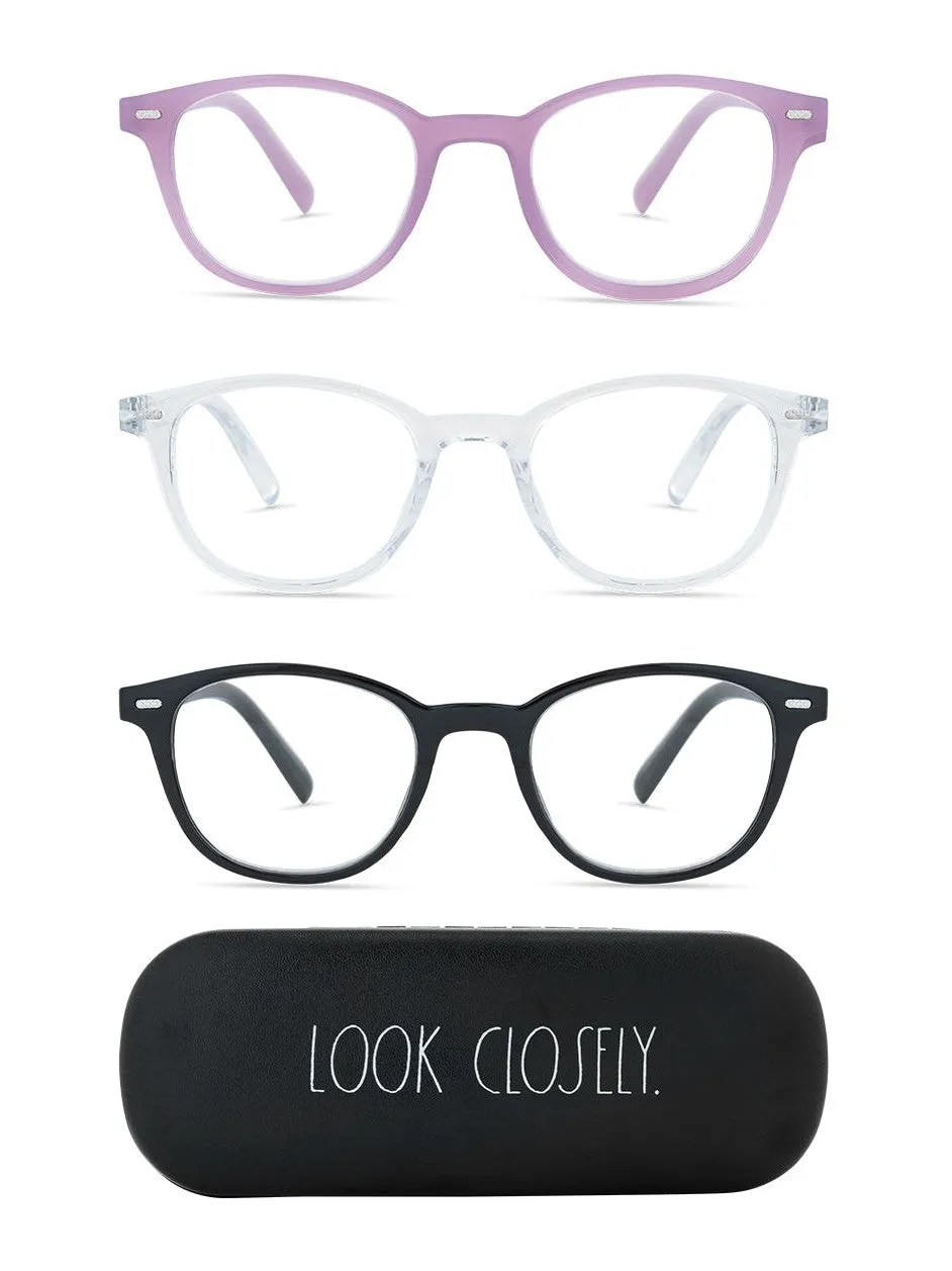 ELIZA 3-Pack Premium Reading Glasses with "LOOK CLOSELY" Signature Font Hard Case