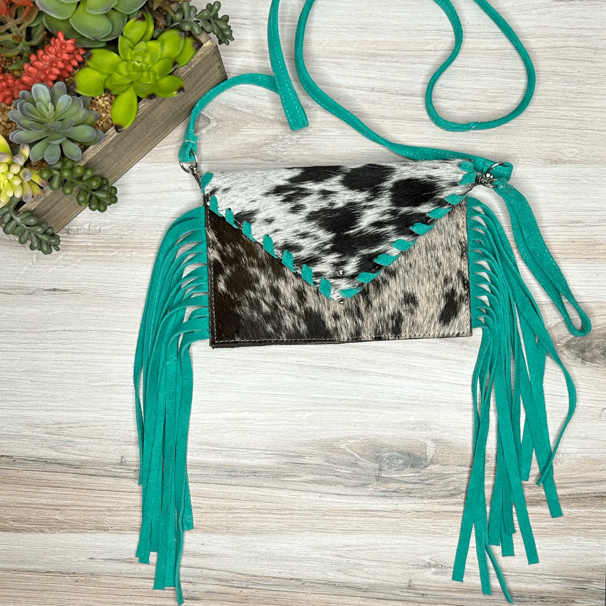 Envelope cowhide fringe crossbody