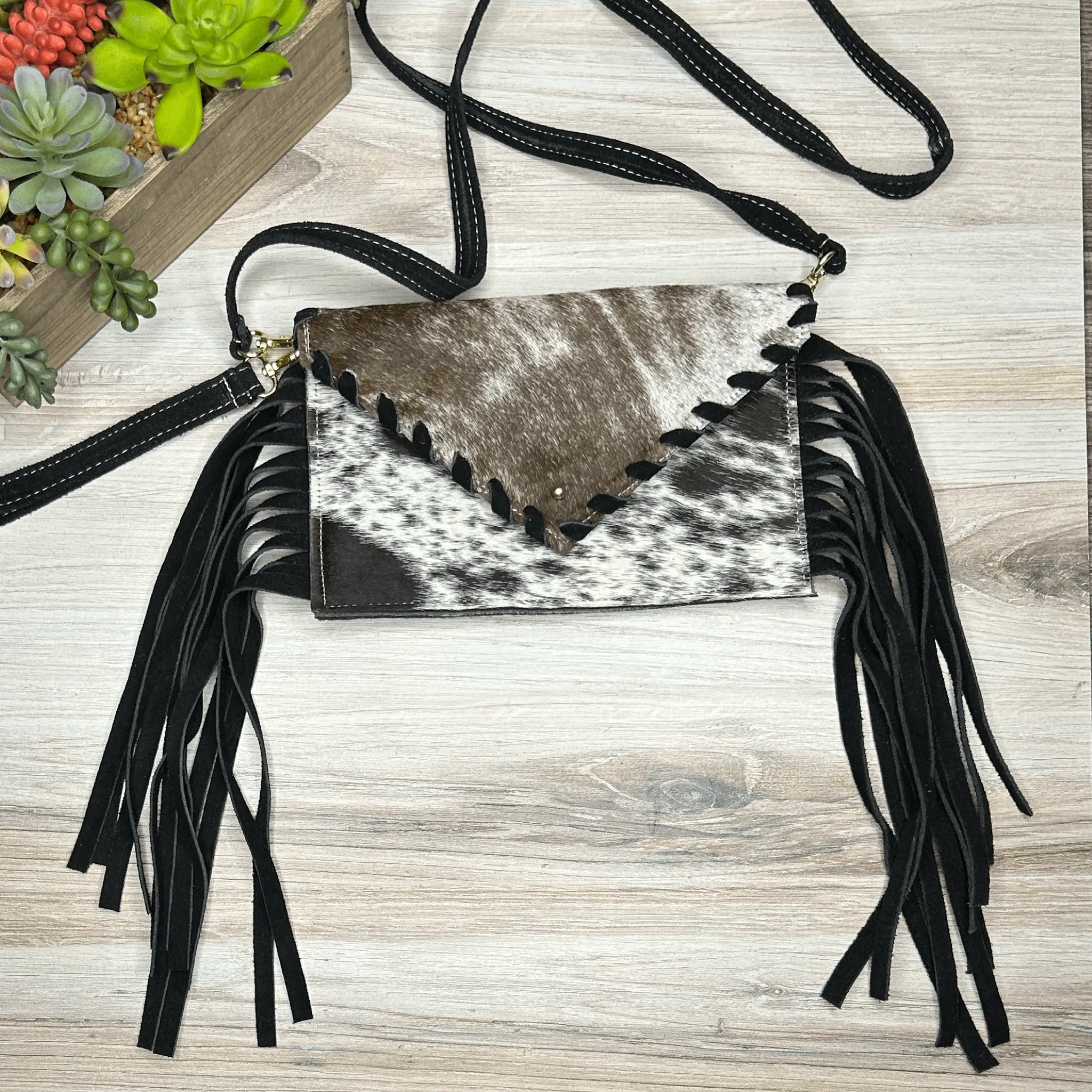 Envelope cowhide fringe crossbody