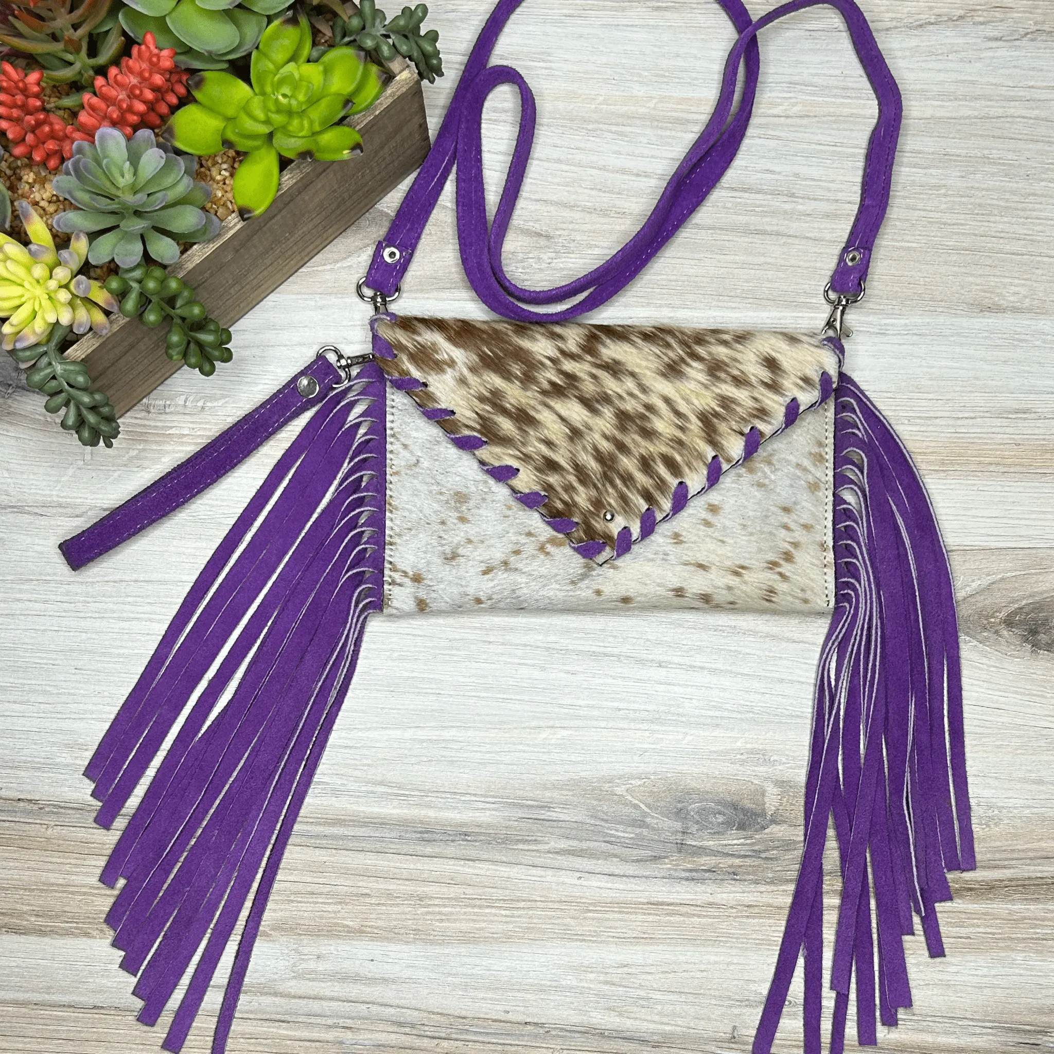 Envelope cowhide fringe crossbody