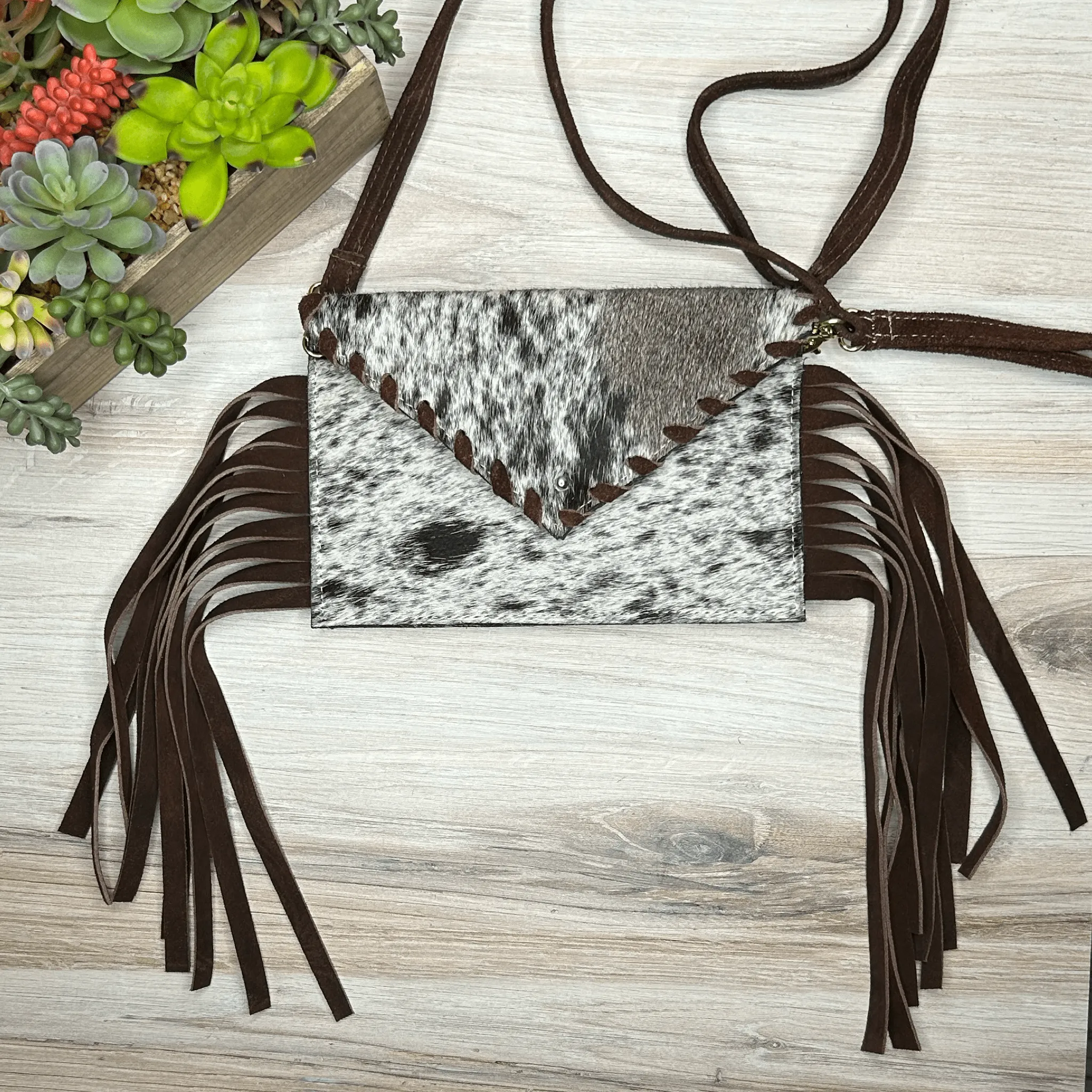 Envelope cowhide fringe crossbody