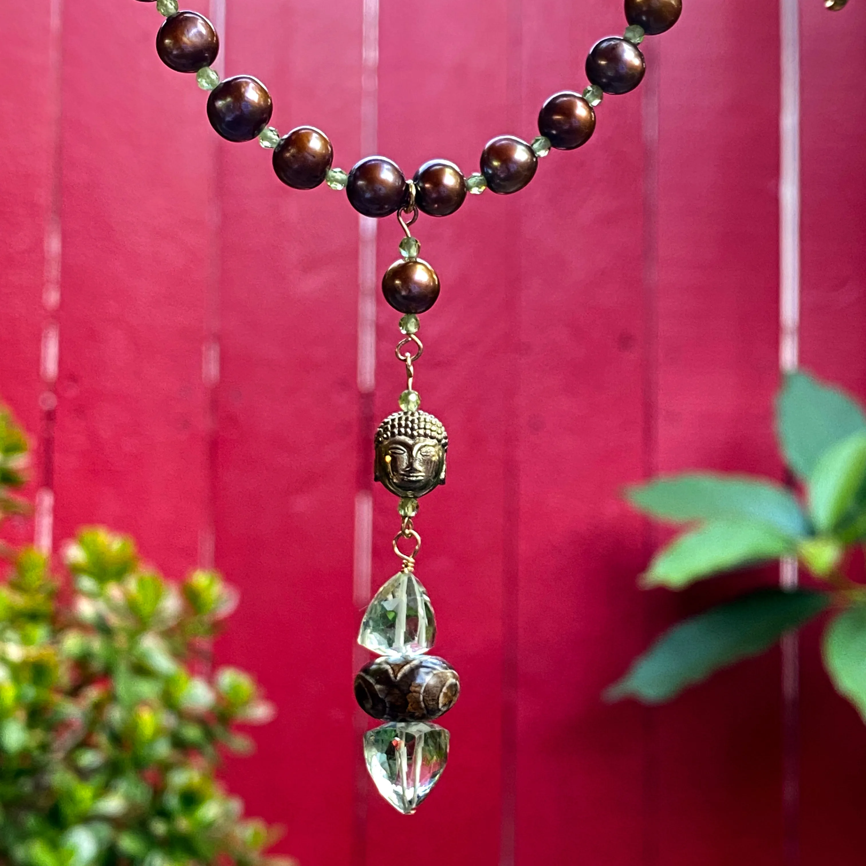 Freshwater pearl necklace with Peridot, Hematite Buddha, Amethyst & Tibetan Agate,