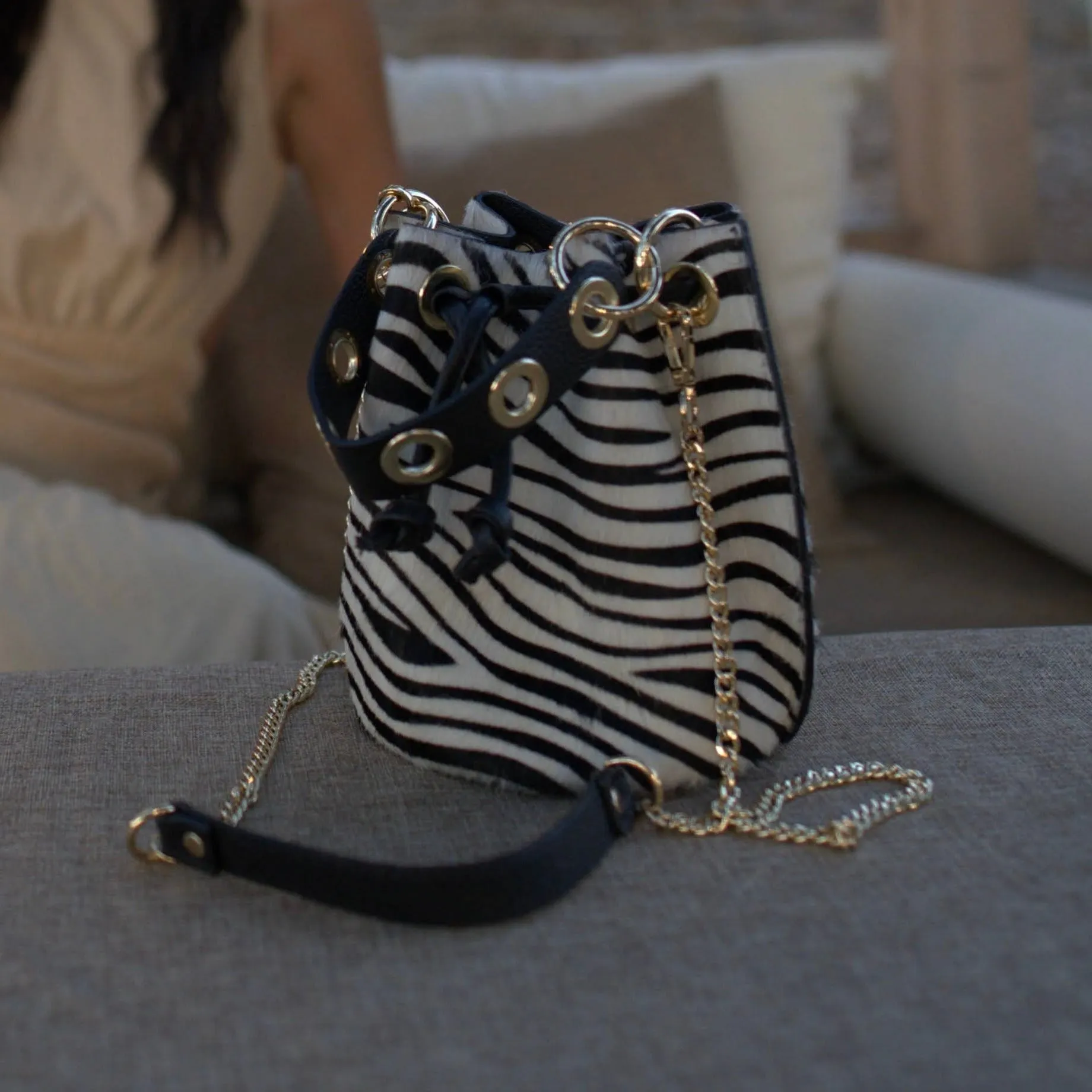 Gabriella Zebra Pony Hair Bucket Bag