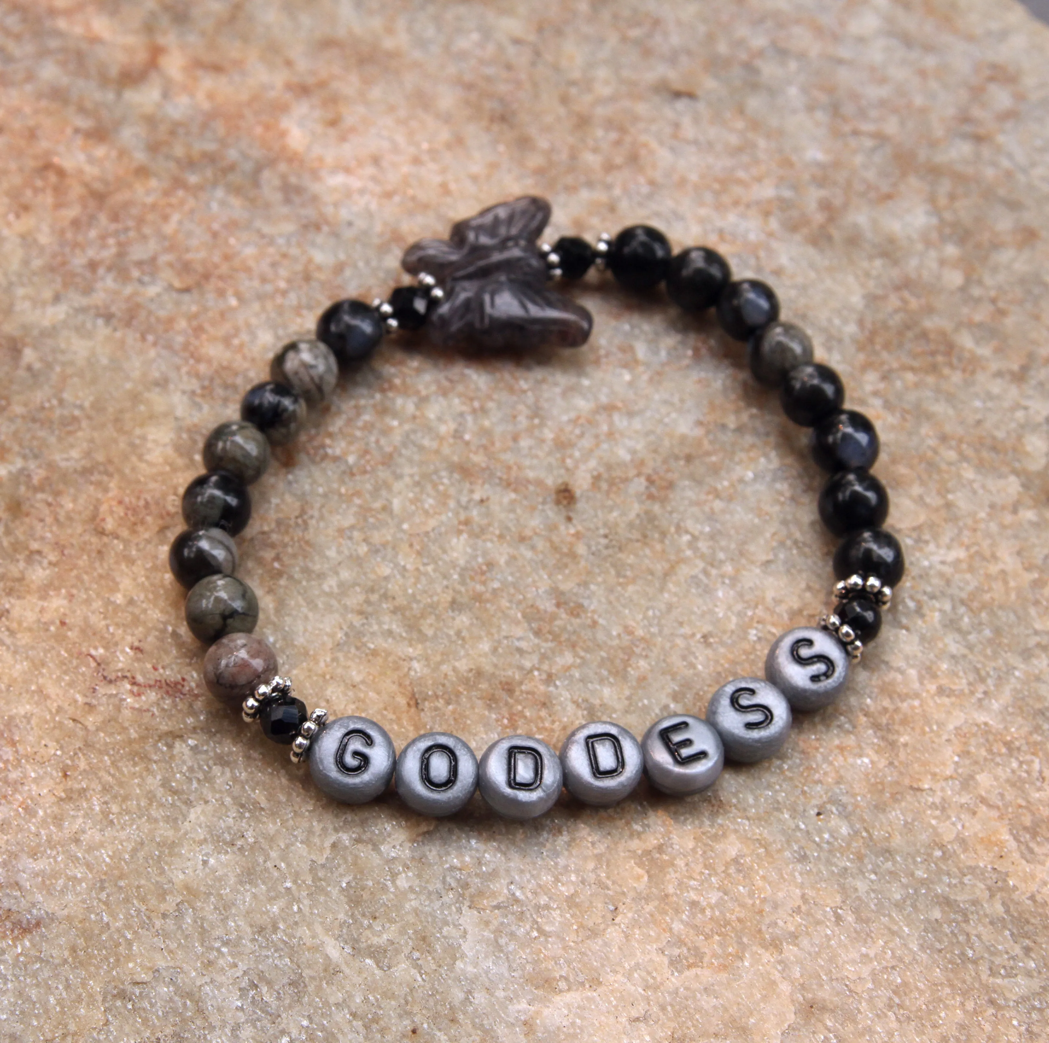 “Goddess” Grey Opal, Blue Aventurine Butterfly, Black Spinel, and Oxidized Sterling Silver Stretch Bracelet