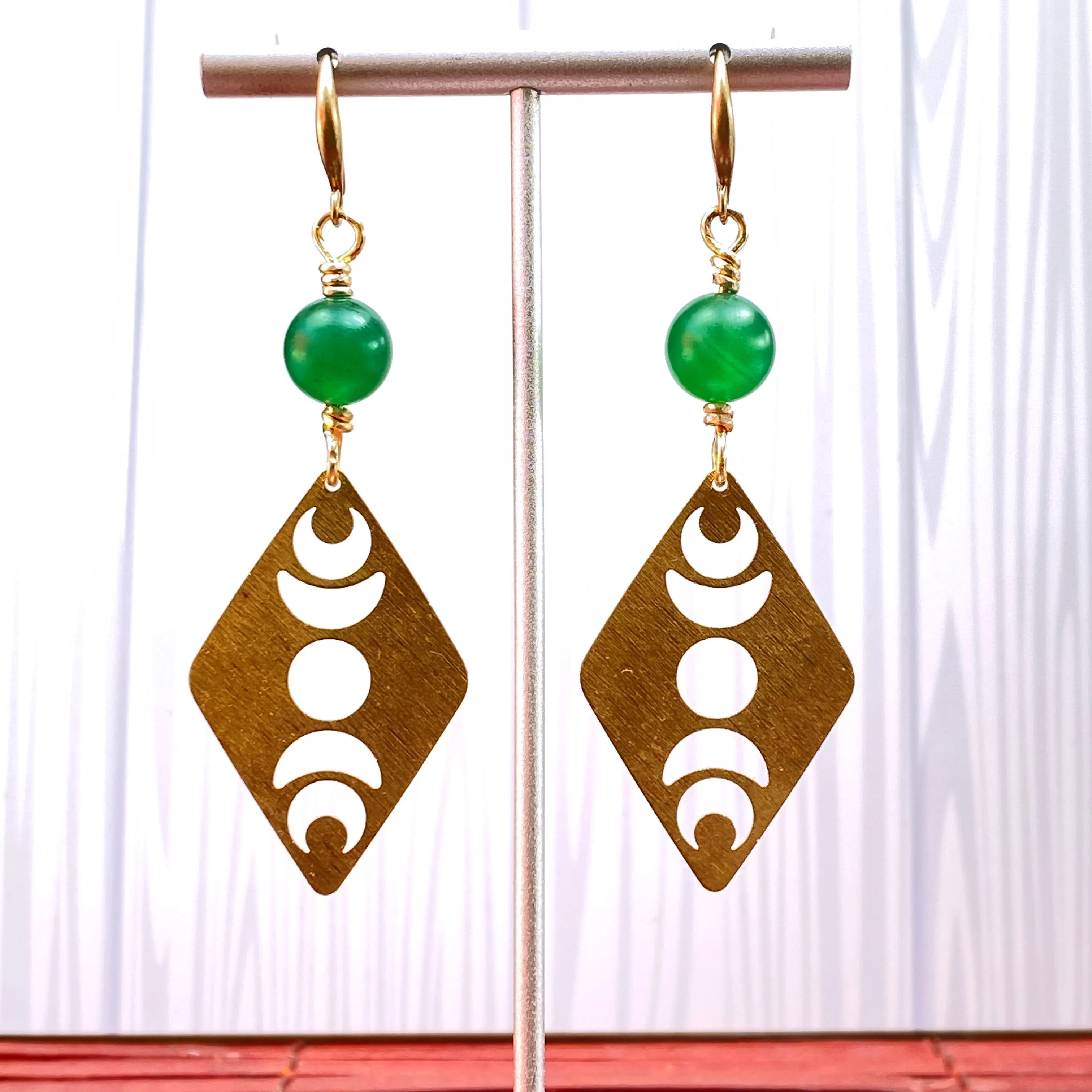 Green Agate gemstone and Brass Moon Earrings