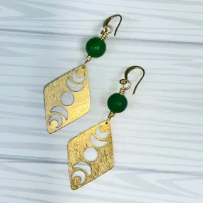 Green Agate gemstone and Brass Moon Earrings