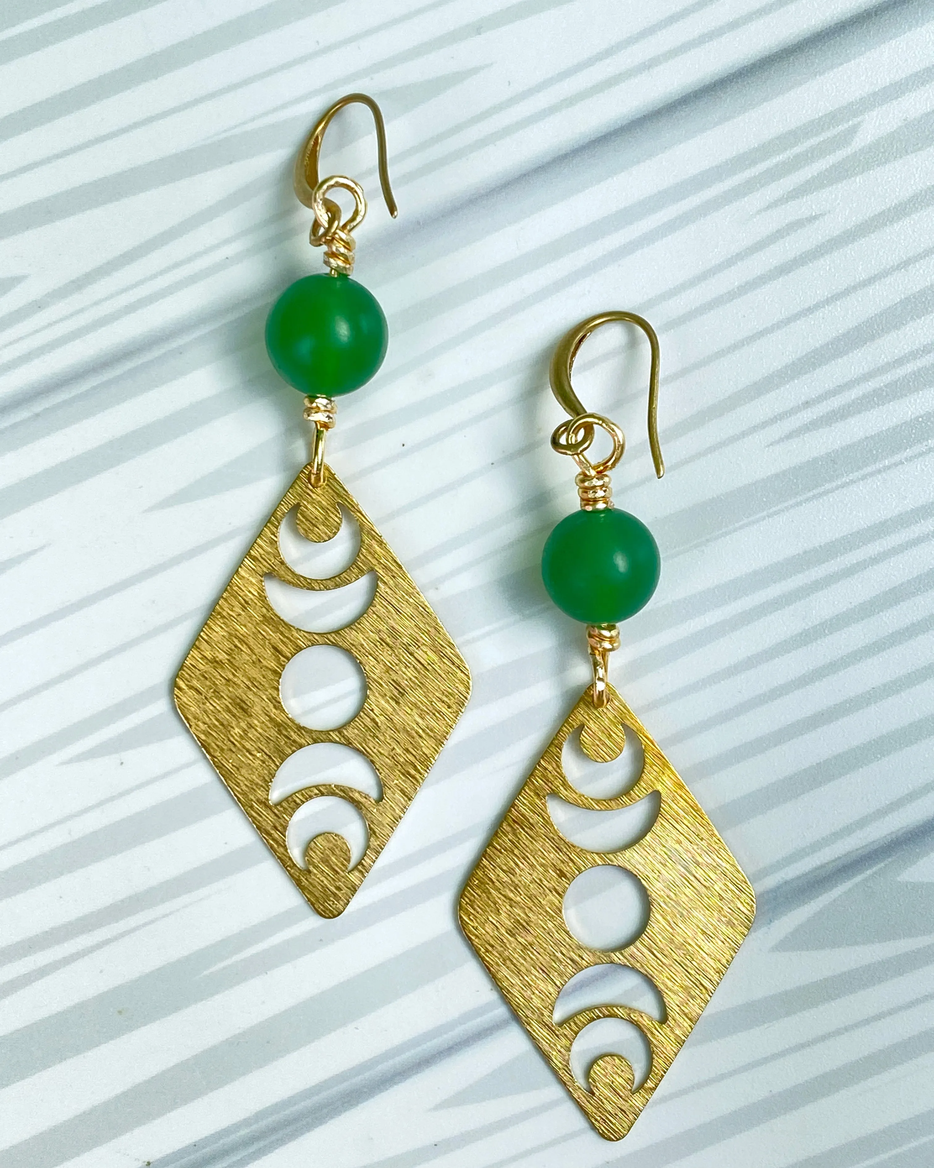 Green Agate gemstone and Brass Moon Earrings