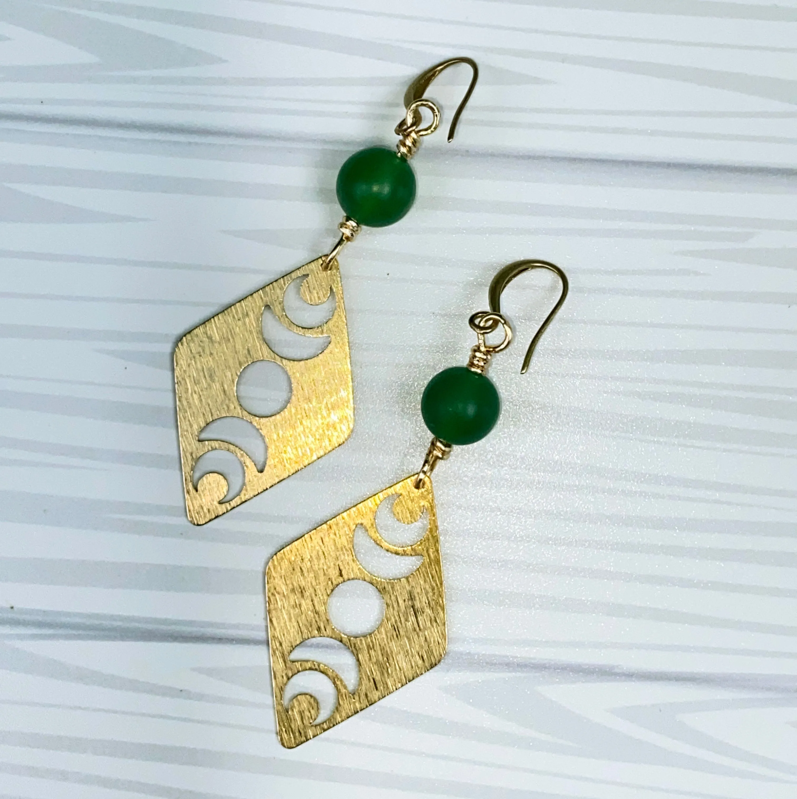 Green Agate gemstone and Brass Moon Earrings