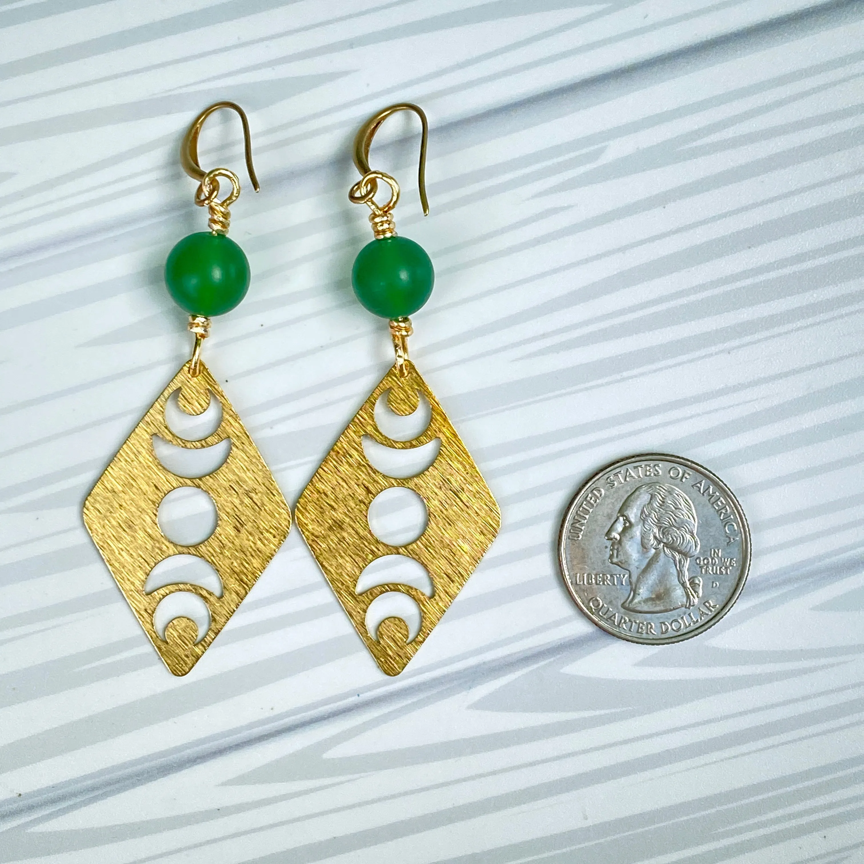 Green Agate gemstone and Brass Moon Earrings