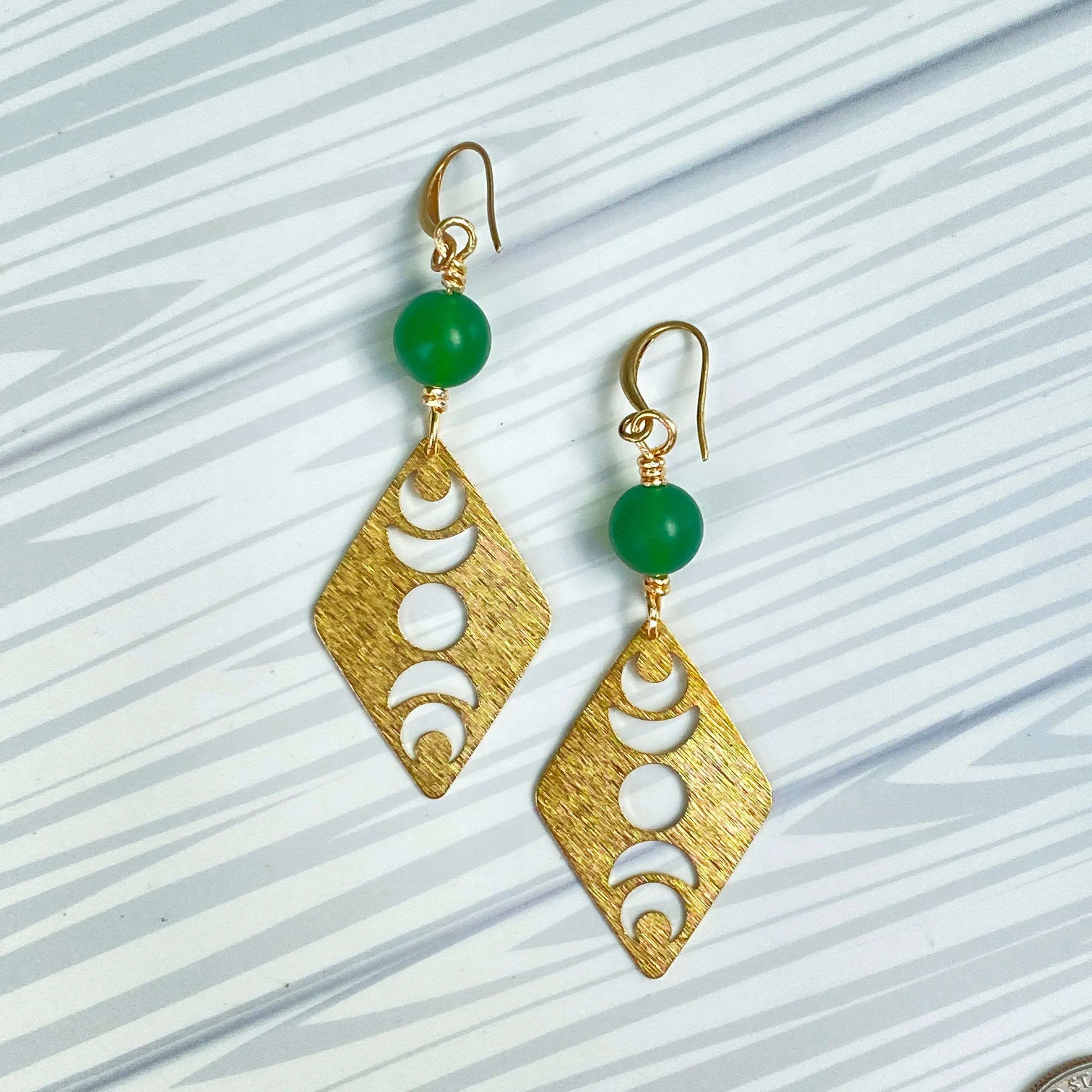 Green Agate gemstone and Brass Moon Earrings