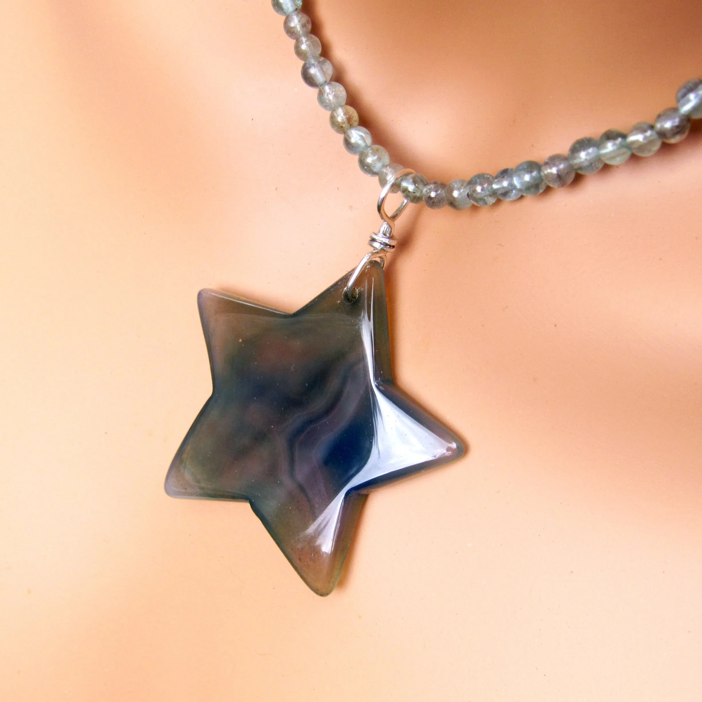 Grey Agate Gemstone Star on Apatite Necklace w/ Sterling Silver Clasp