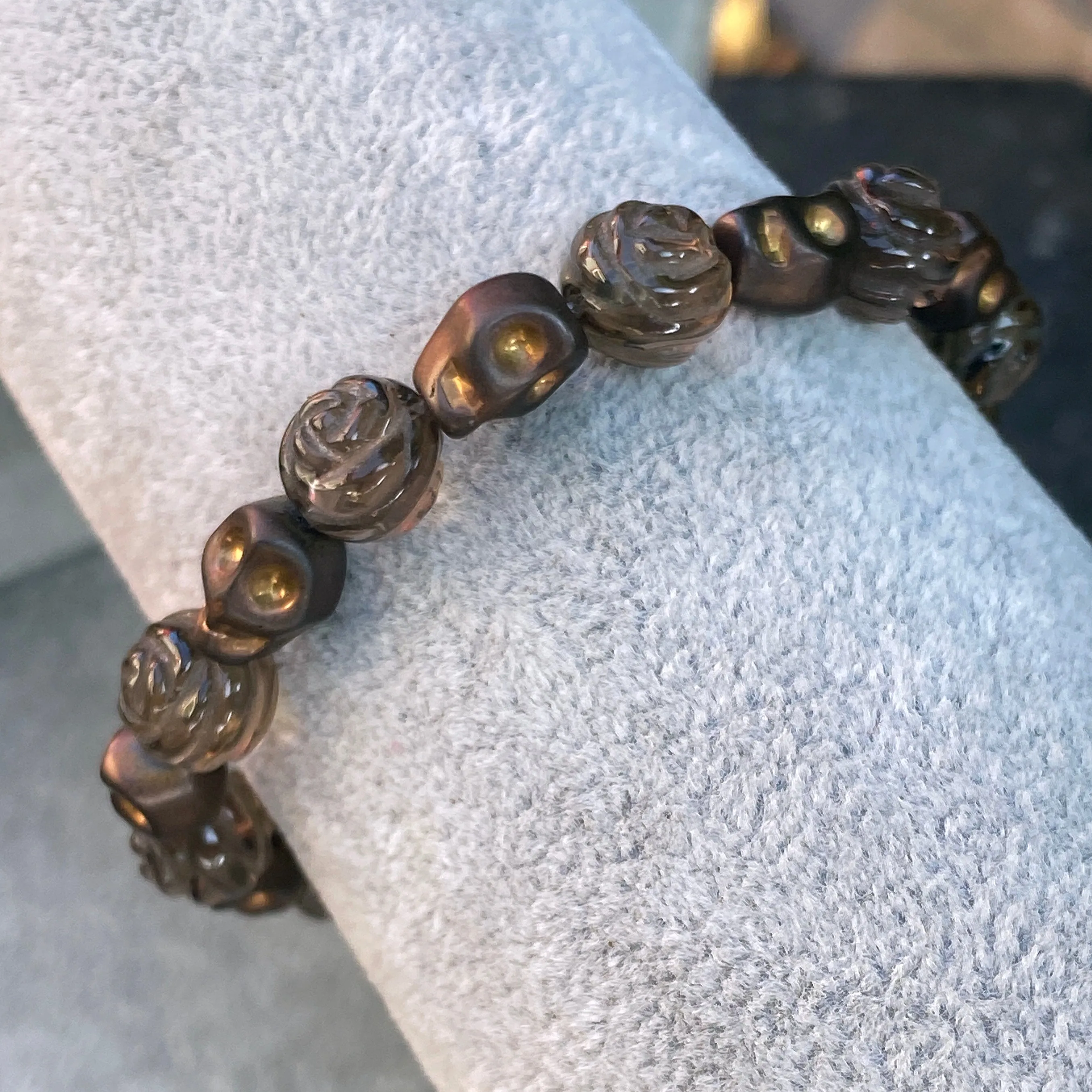 Hematite Skull and Smokey Quartz Rose Bracelet