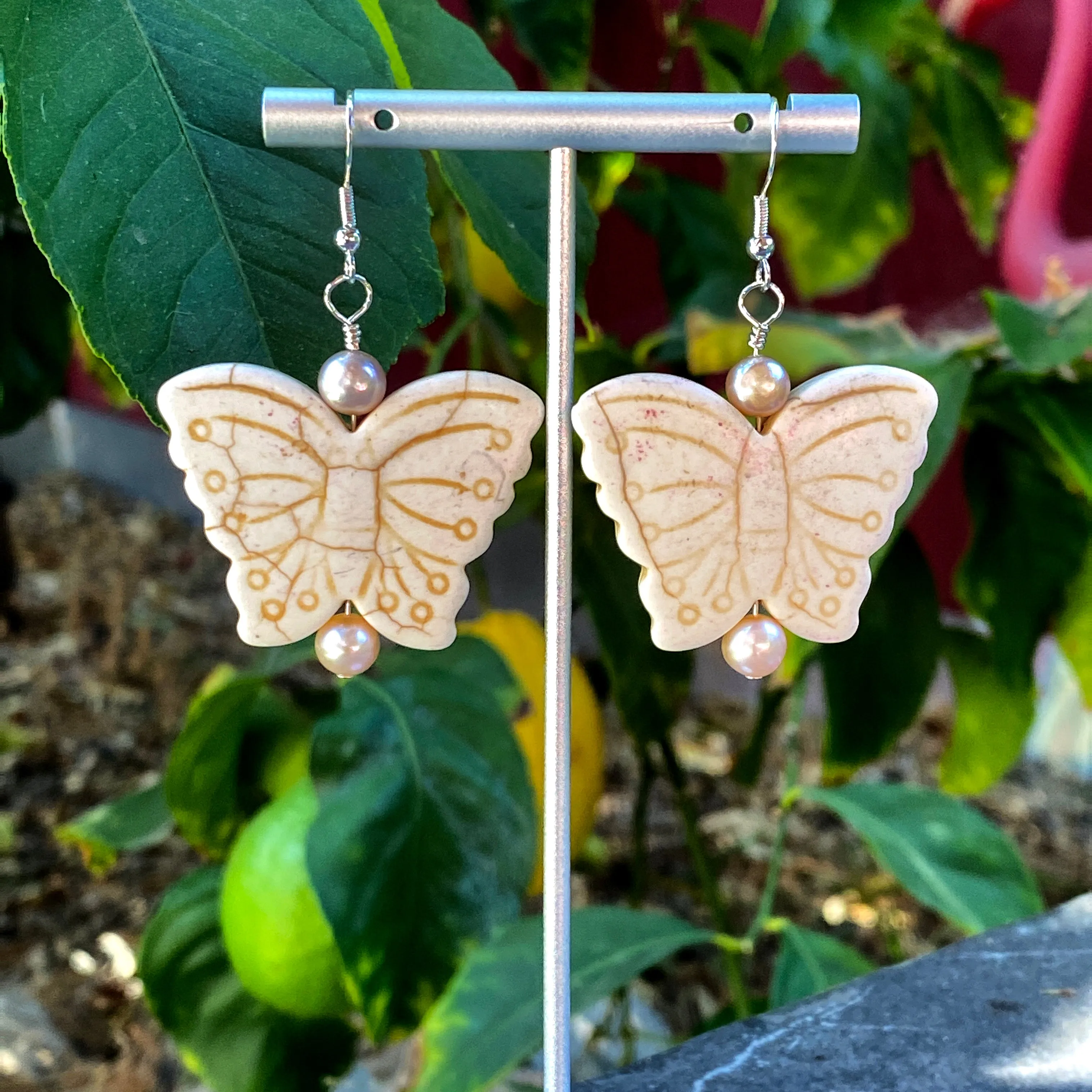 Large Howlite Gemstone Butterfly with Freshwater Pearls Earrings