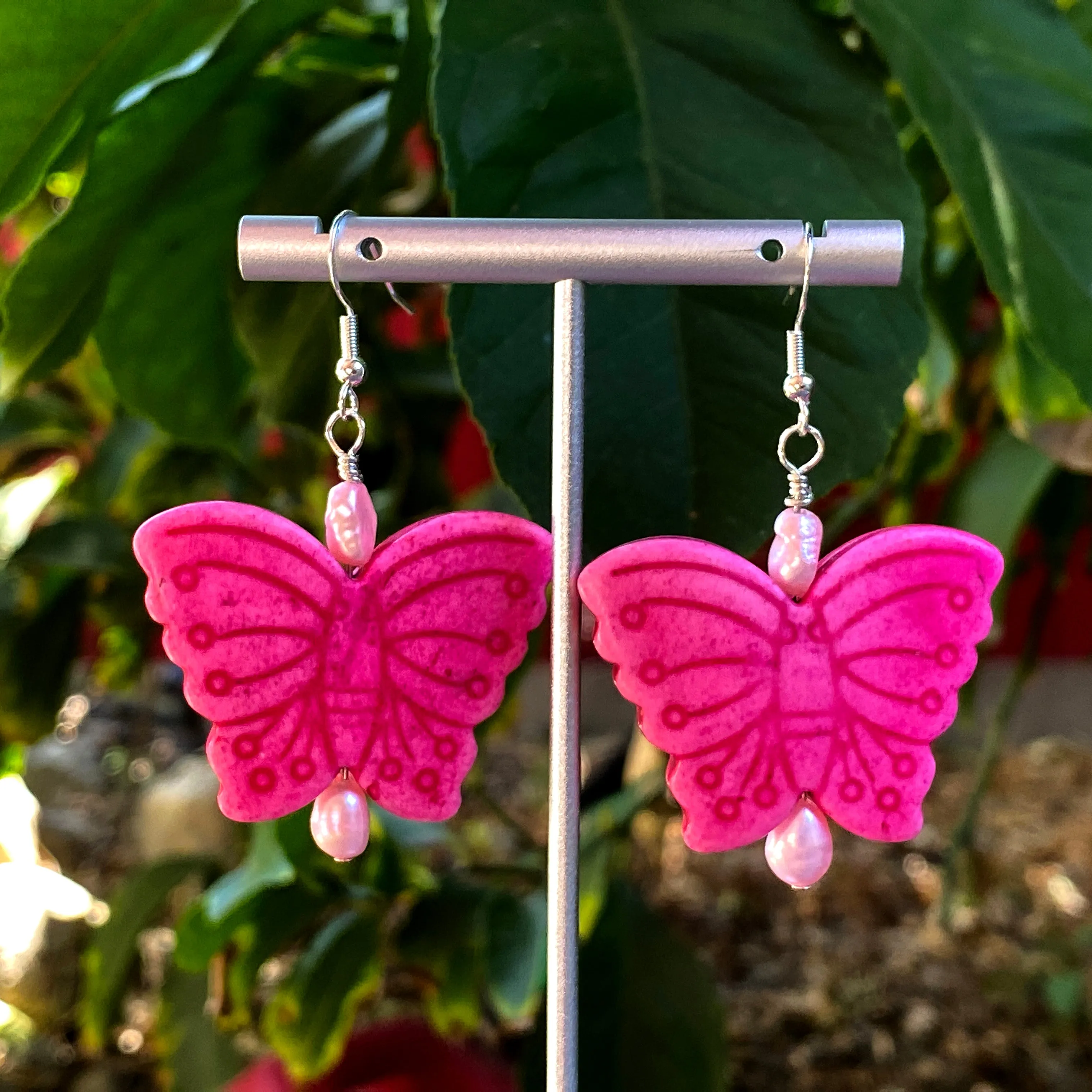 Large Howlite Gemstone Butterfly with Freshwater Pearls Earrings