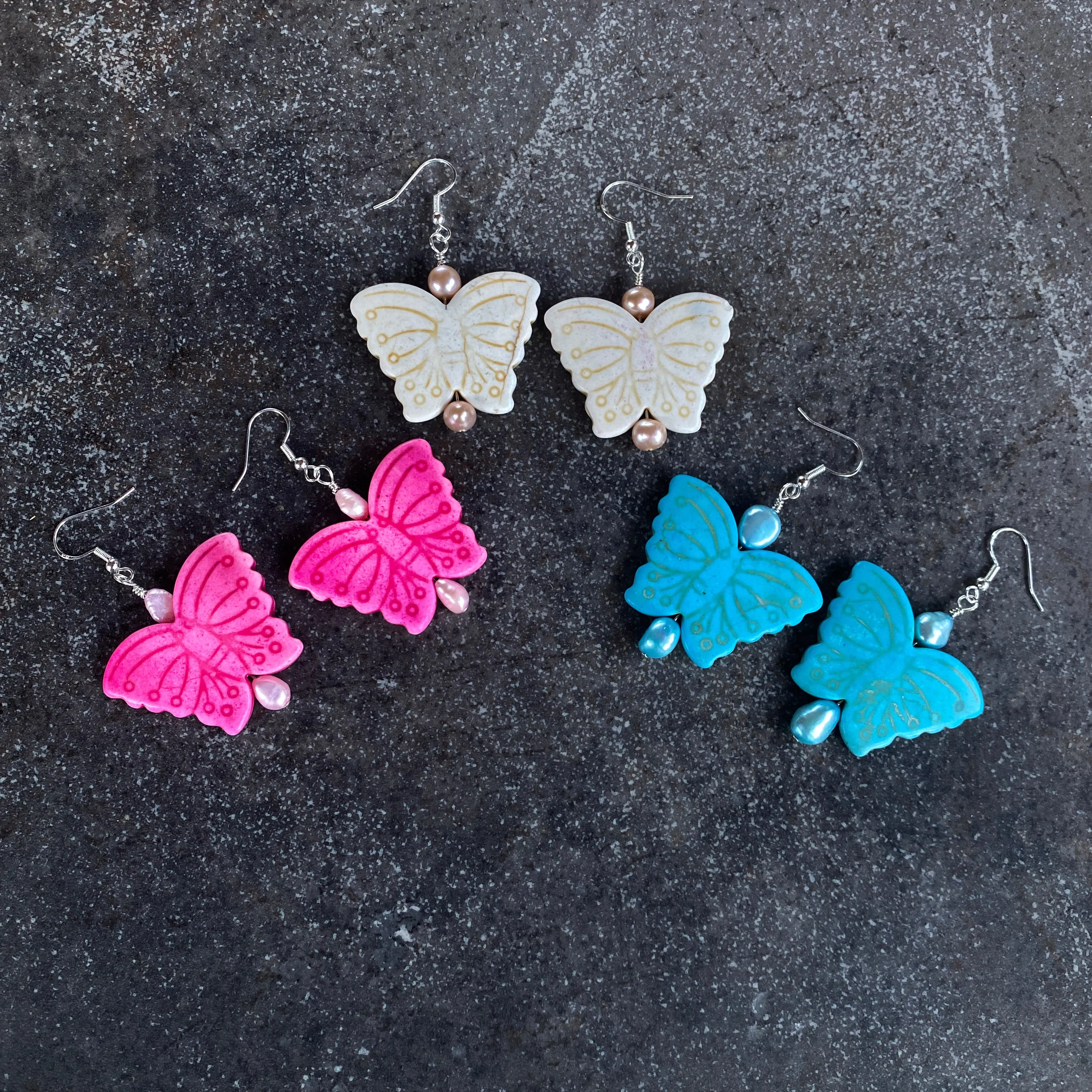 Large Howlite Gemstone Butterfly with Freshwater Pearls Earrings