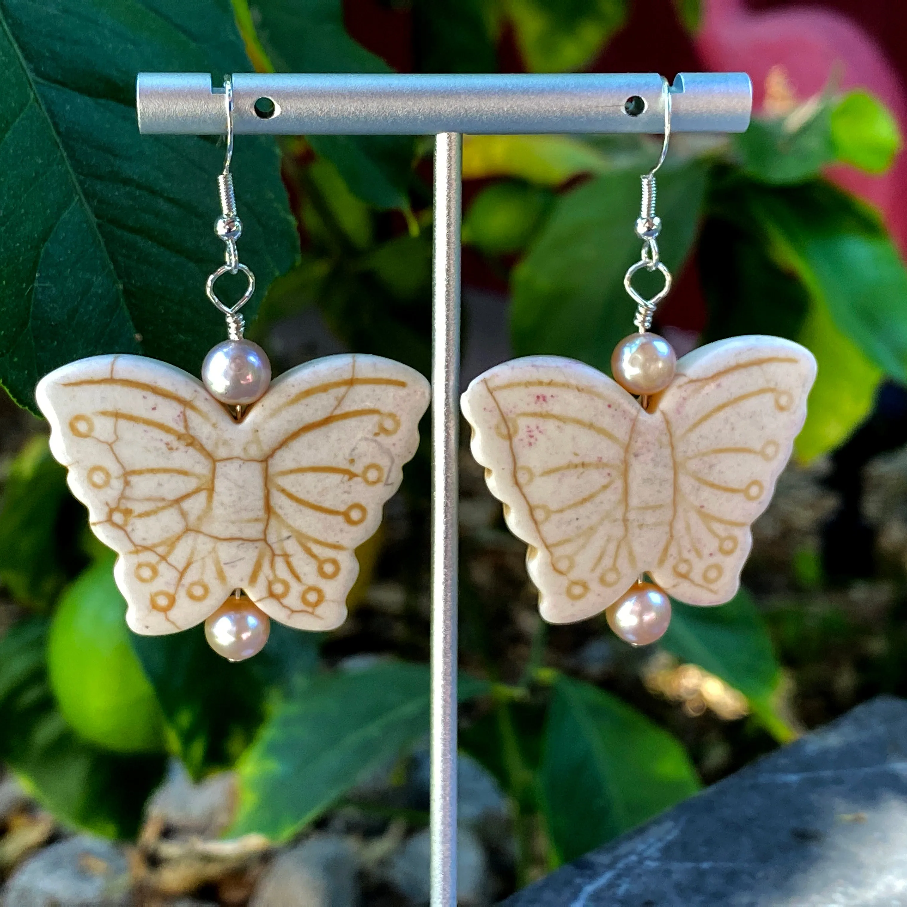 Large Howlite Gemstone Butterfly with Freshwater Pearls Earrings