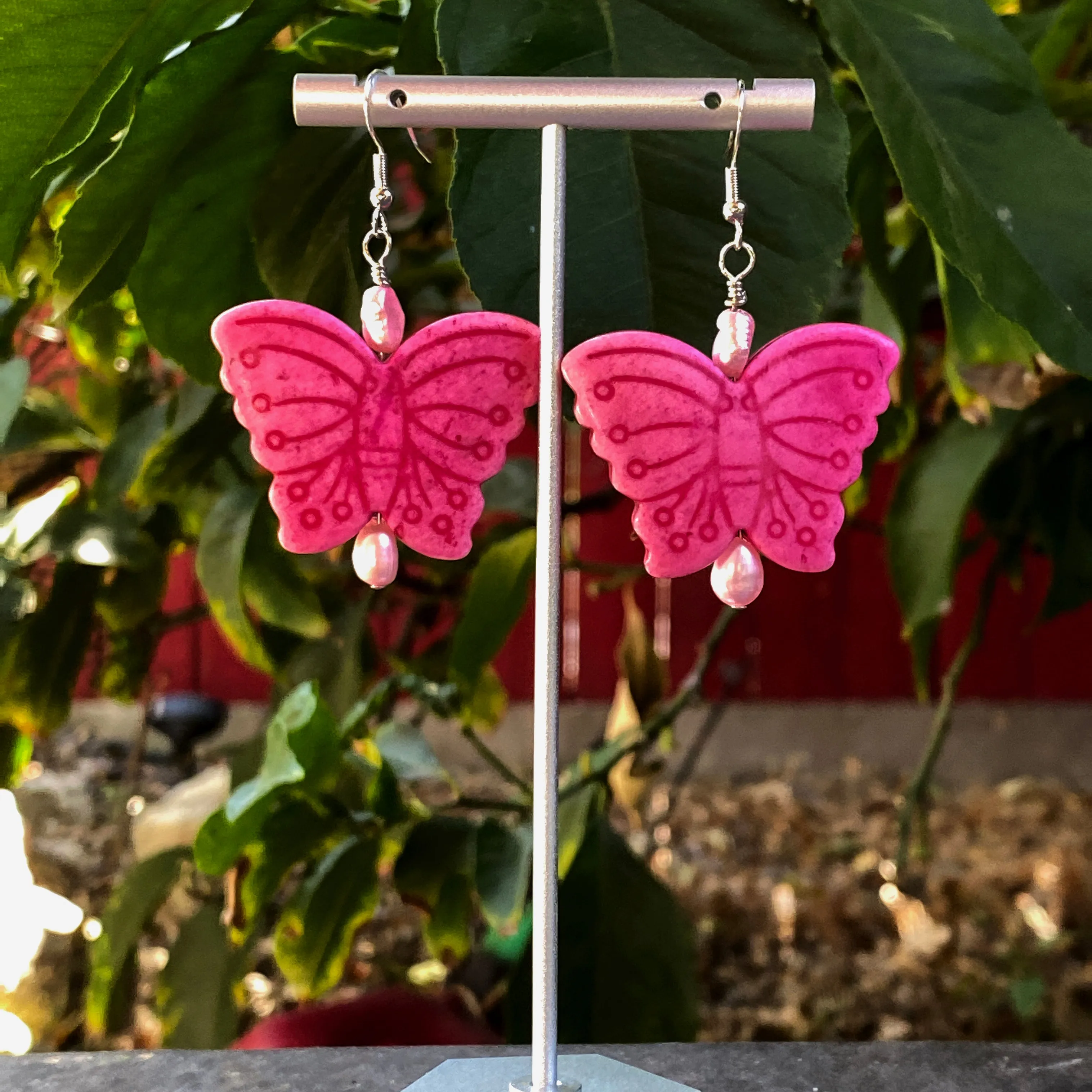 Large Howlite Gemstone Butterfly with Freshwater Pearls Earrings