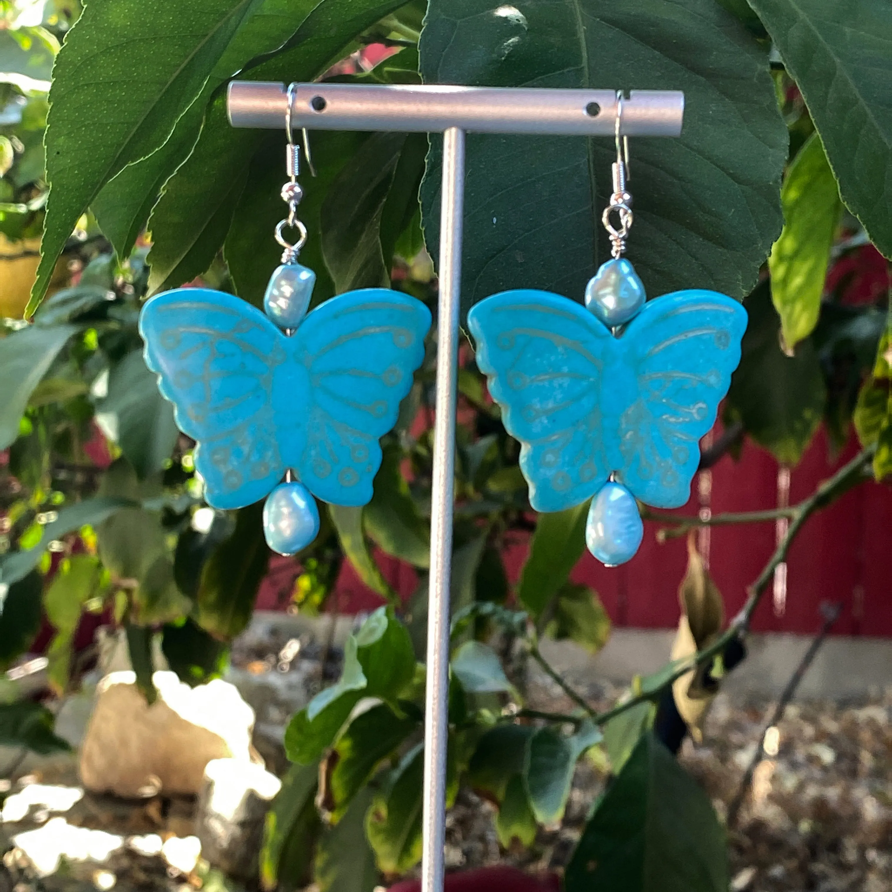 Large Howlite Gemstone Butterfly with Freshwater Pearls Earrings