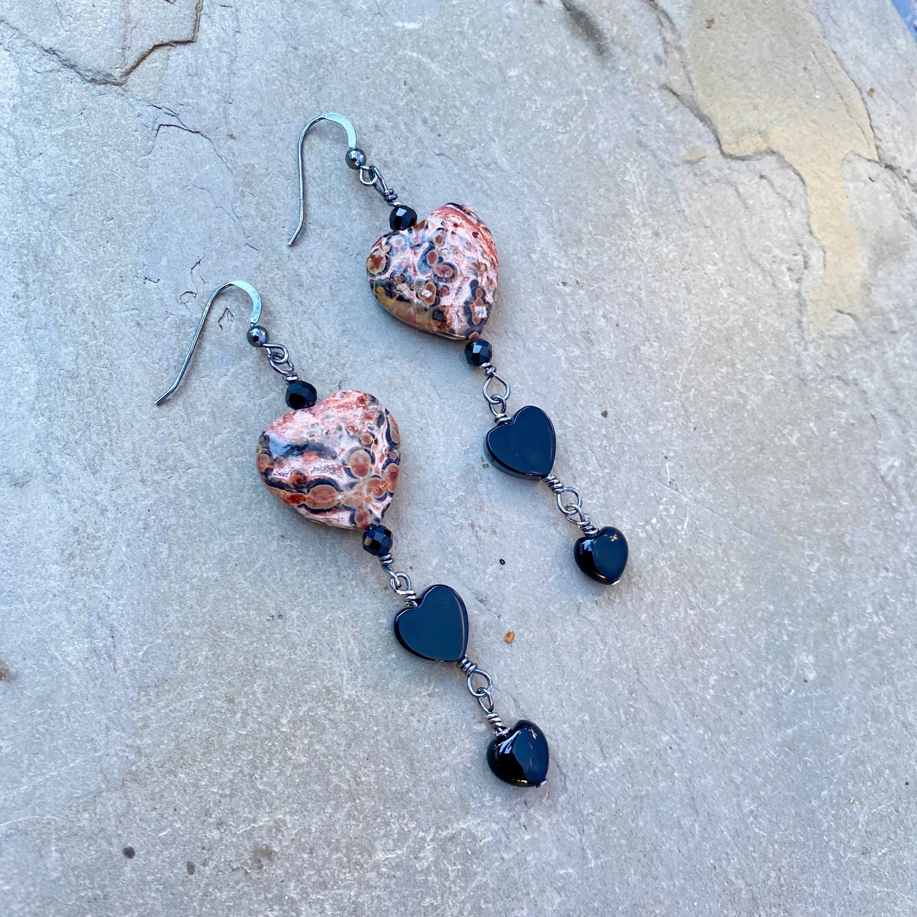 Leopard Print Jasper, Black Spinel, Onyx, Heart, Oxidized Sterling Silver Earrings