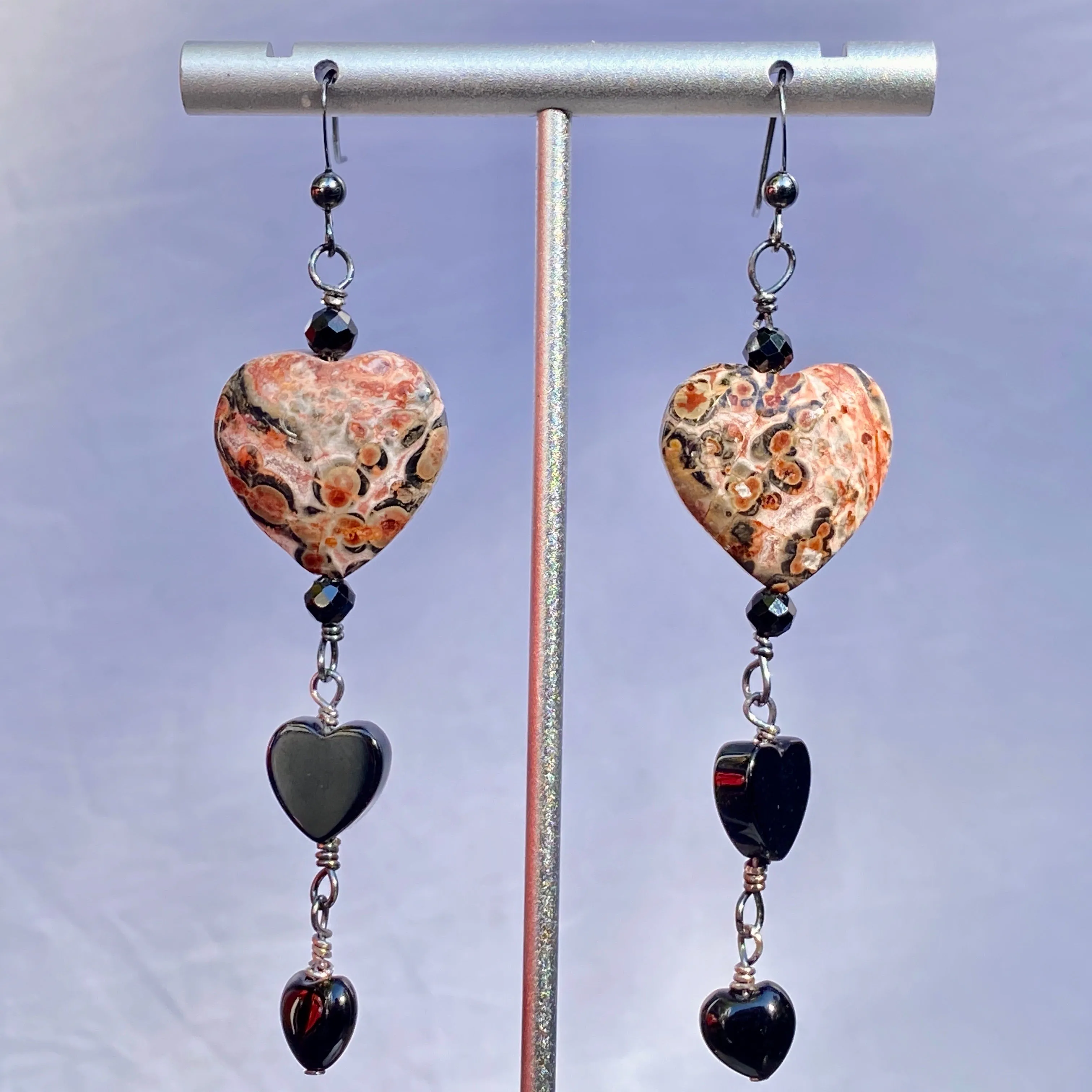 Leopard Print Jasper, Black Spinel, Onyx, Heart, Oxidized Sterling Silver Earrings