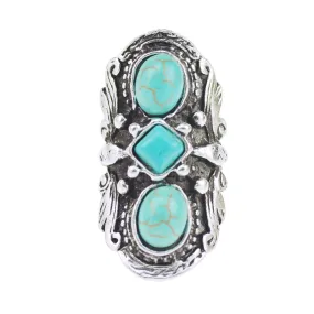 Long Gypsy Triple Turquoise Stone Ring Adjustable One Size Silver Tone Southwestern Statement Festival Jewelry