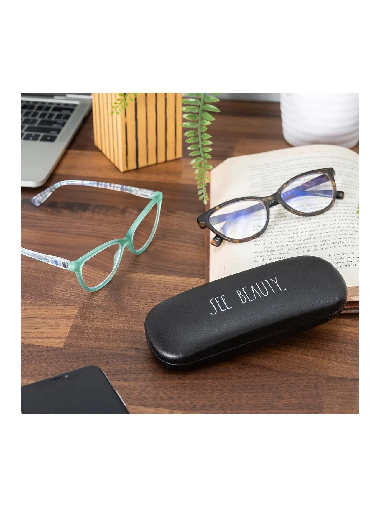 MARIE 2-Pack Blue Light Blocking Reading Glasses with "SEE BEAUTY" Signature Font Hard Case