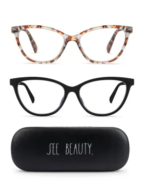 MARIE 2-Pack Blue Light Blocking Reading Glasses with "SEE BEAUTY" Signature Font Hard Case