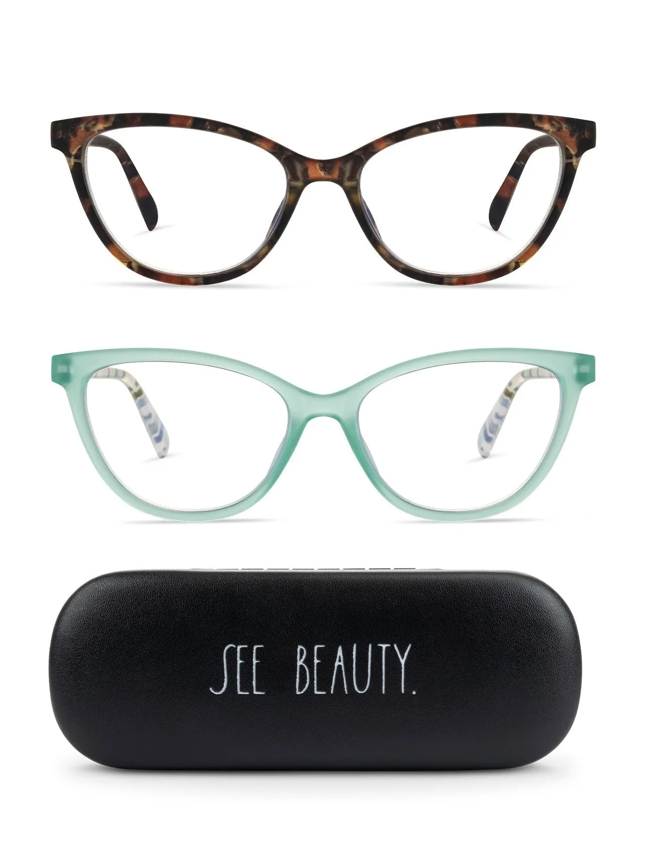 MARIE 2-Pack Blue Light Blocking Reading Glasses with "SEE BEAUTY" Signature Font Hard Case