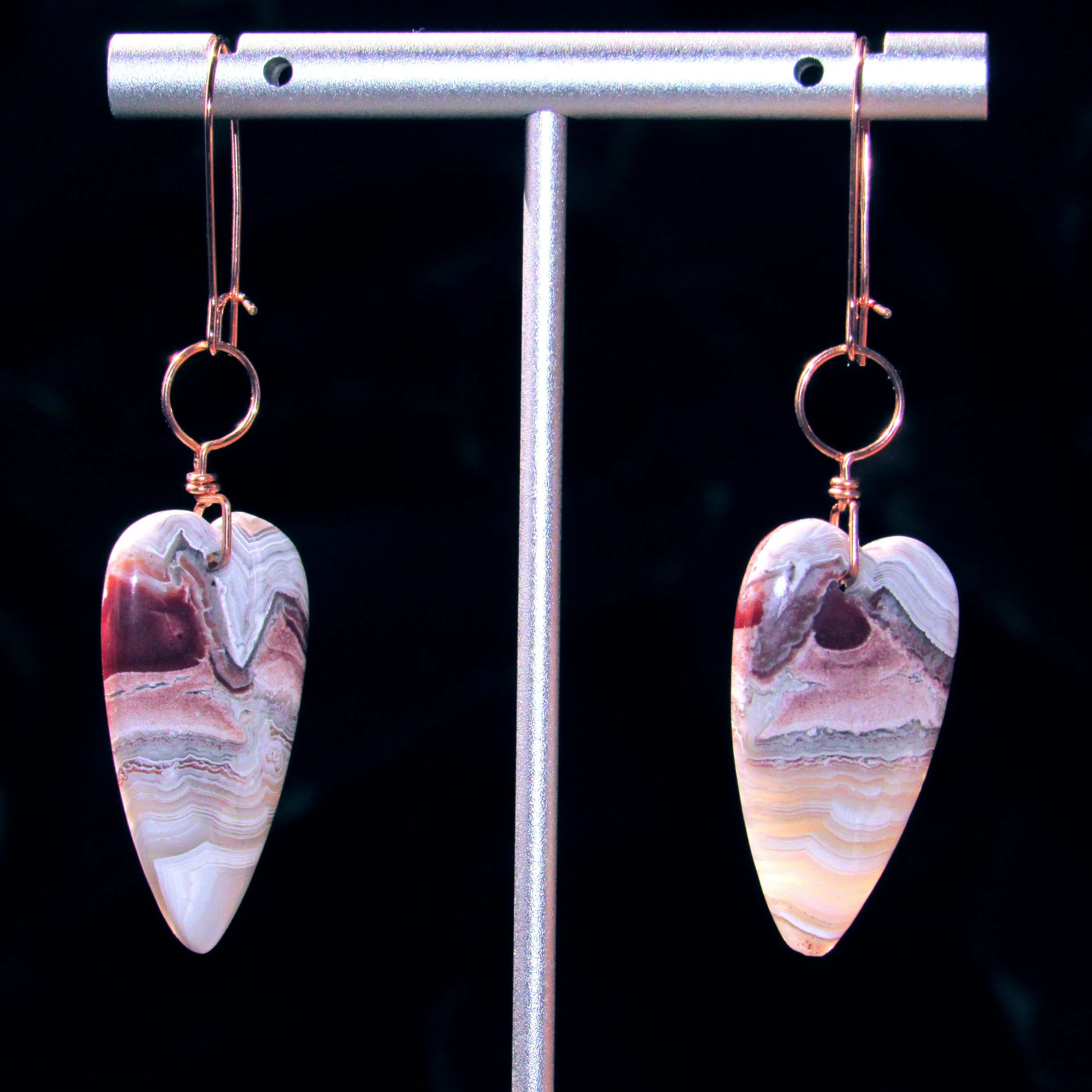 Mexican Crazy Lace Gemstone Heart Drop Earrings on Hand Wrapped 14 Kt GF