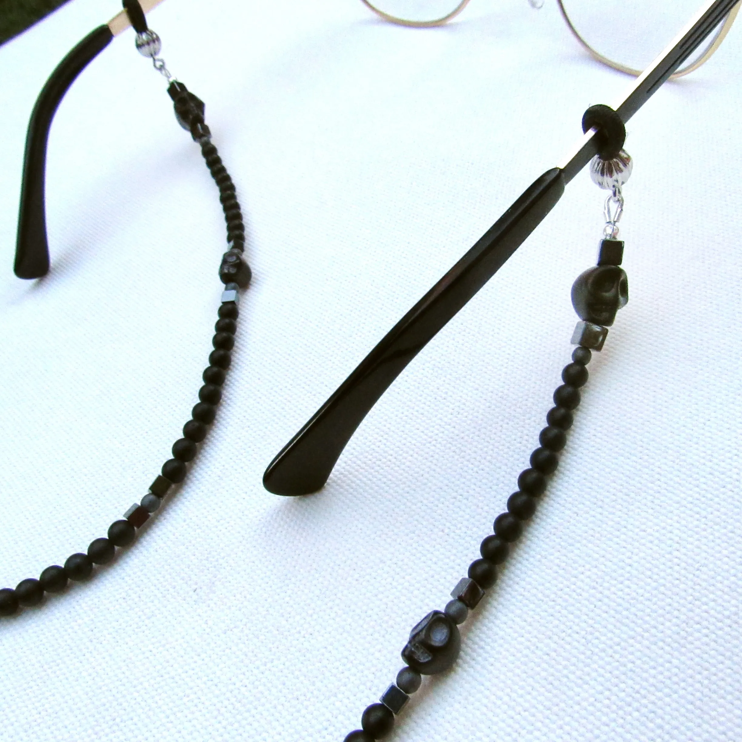 Onyx, Howlite Skulls, and Hematite Gemstone Eyeglass Holder